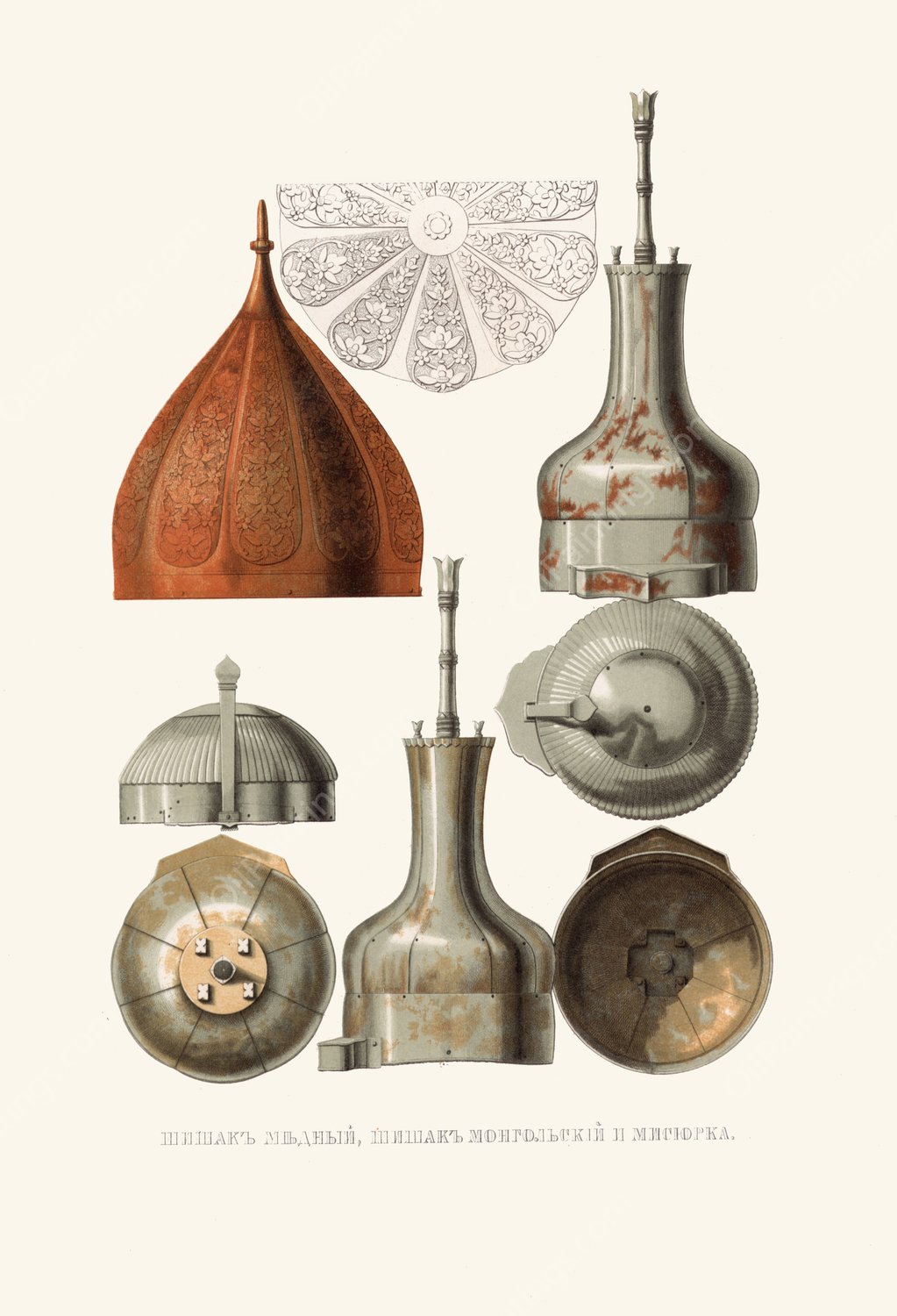 Shishak mednyi, shishak mongol'skii i misiurka  by Fedor Grigoryevich Solntsev - Hand-Painted Oil Painting Reproduction