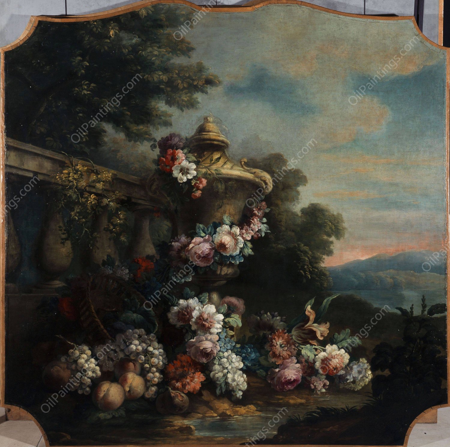 Vase, fleurs, et fruits dans un paysage  by Felix Boutreux - Hand-Painted Oil Painting Reproduction