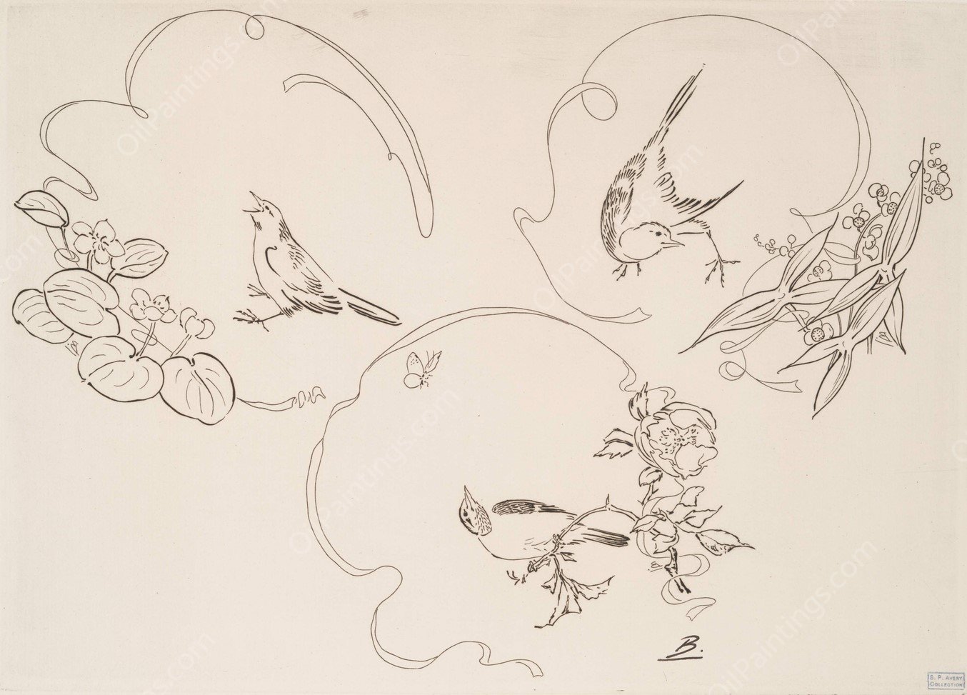 Assiette a dessert; trois motifs composes chacun d'un ruban, d'une fleur et d'un oiseau by Felix Bracquemond - Hand-Painted Oil Painting Reproduction