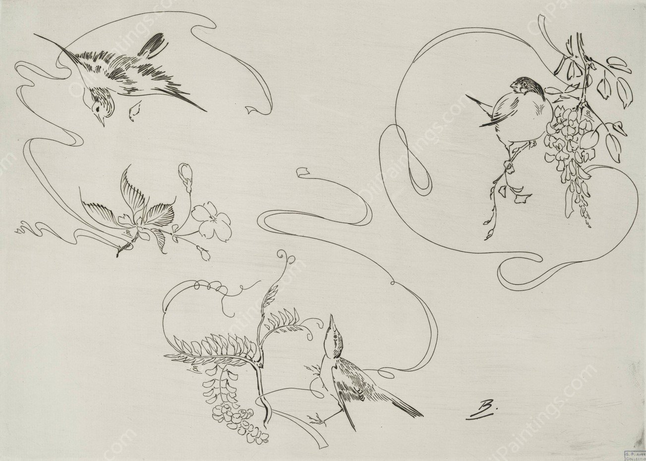 Assiette a dessert ; trois motifs composes chacun d'un ruban, d'une fleur et d'un oiseau  by Felix Bracquemond - Hand-Painted Oil Painting Reproduction