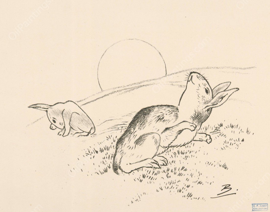 Deux lapins, la lune derriere colline by Felix Bracquemond - Hand-Painted Oil Painting Reproduction