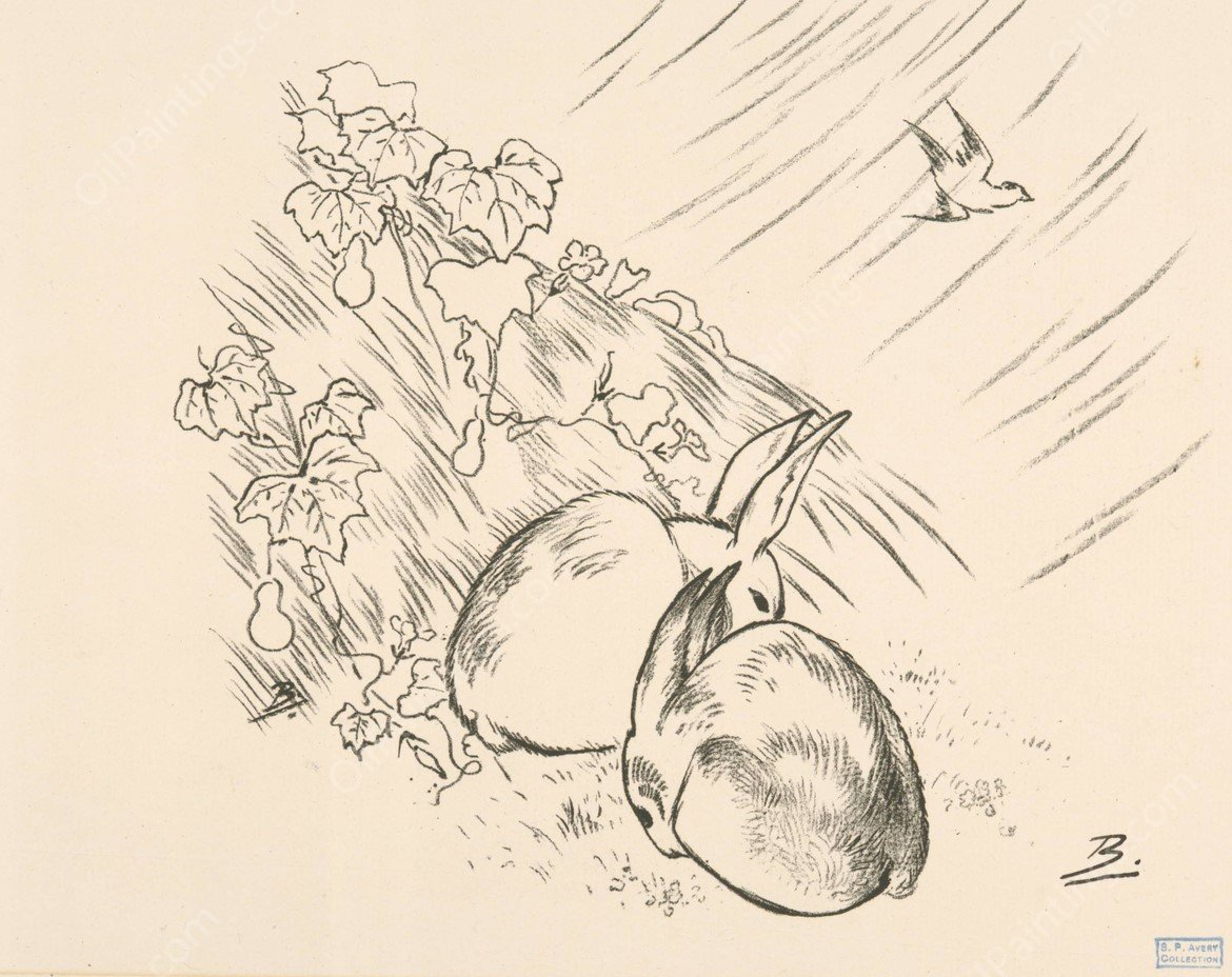 Deux lapins, la pluie, un oiseau qui vole by Felix Bracquemond - Hand-Painted Oil Painting Reproduction