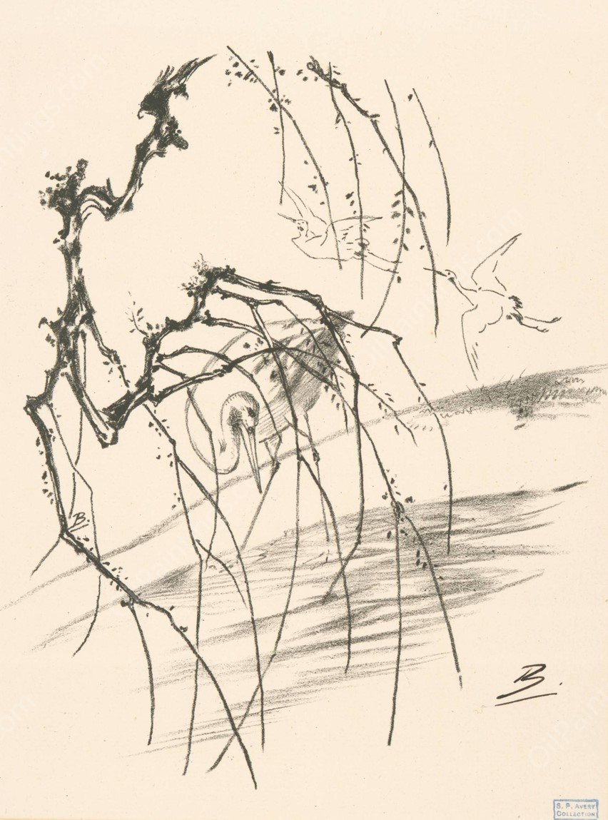 Grues derriere une branche d'arbre  by Felix Bracquemond - Hand-Painted Oil Painting Reproduction