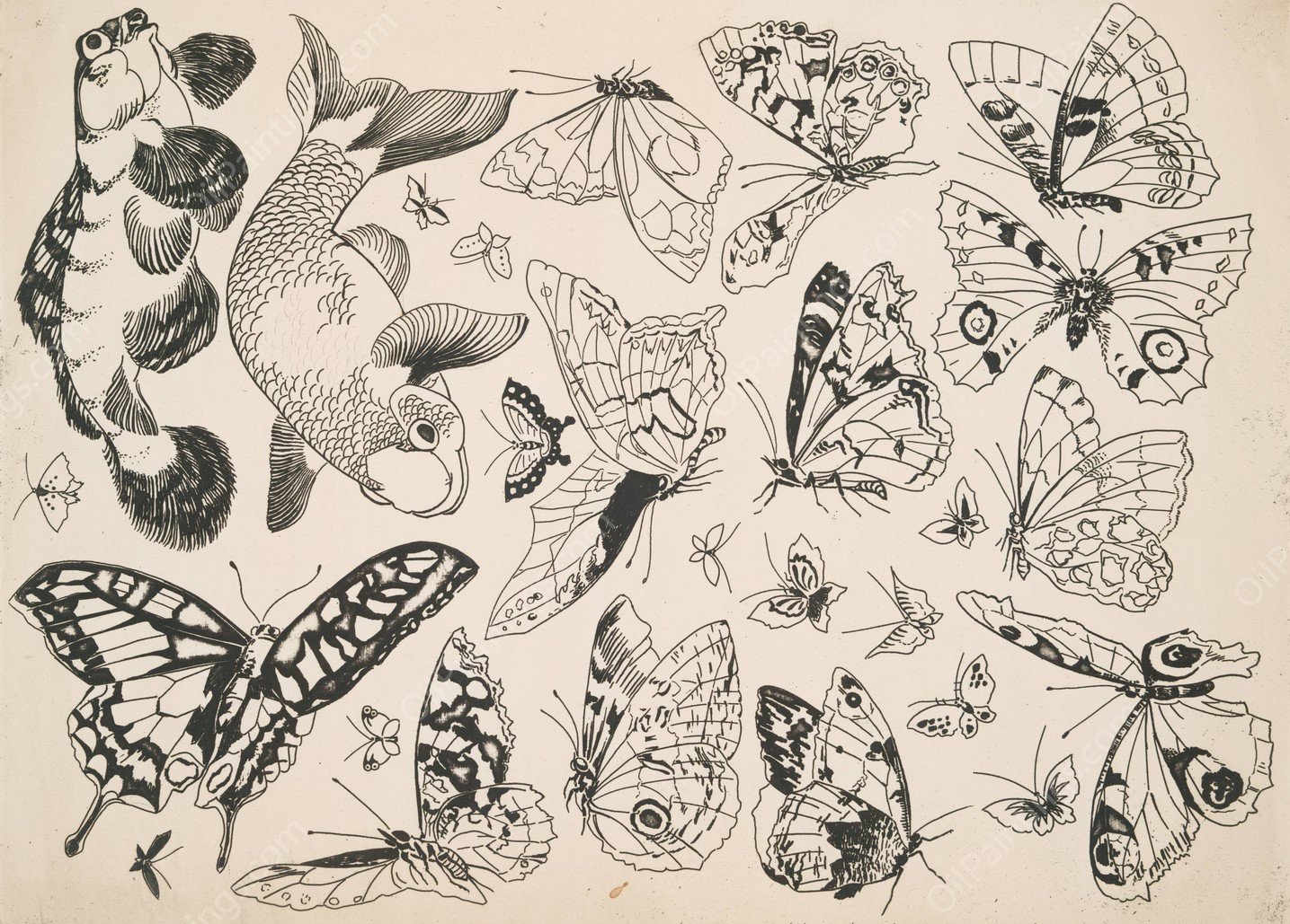 Papillons et poissons  by Felix Bracquemond - Hand-Painted Oil Painting Reproduction