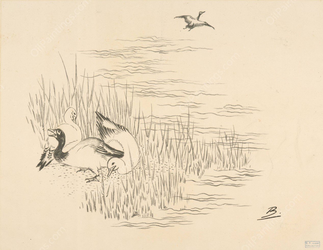 Trois canards et un quatrieme qui vole by Felix Bracquemond - Hand-Painted Oil Painting Reproduction