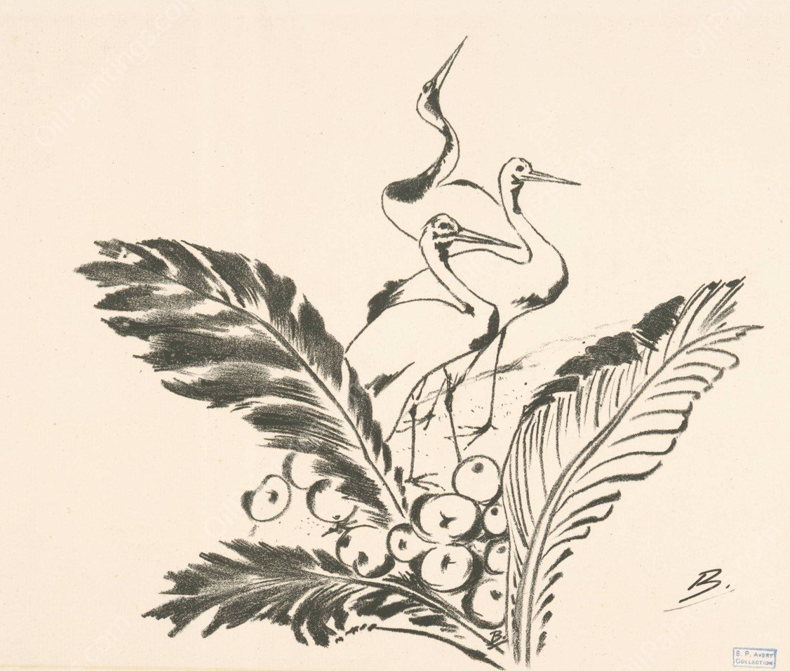 Trois grues derriere de grandes feuilles by Felix Bracquemond - Hand-Painted Oil Painting Reproduction