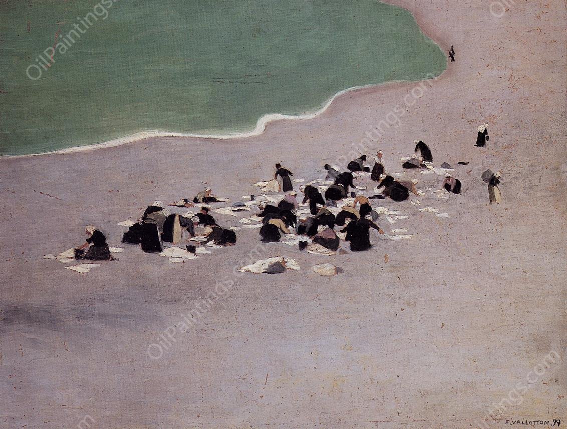 Washerwomen at Etretat also known as Woman Drying Laundry on the Beach by Felix Vallotton - Hand-Painted Oil Painting Reproduction
