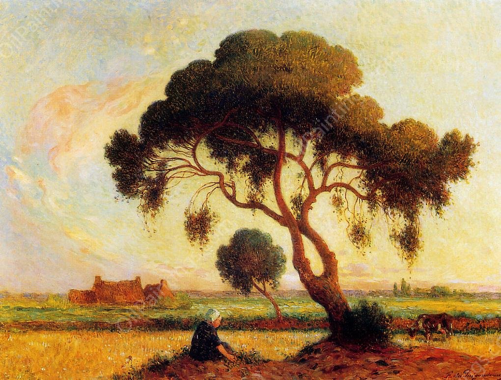 Breton Woman Seated under a Large Tree by Ferdinand Du Puigaudeau - Hand-Painted Oil Painting Reproduction