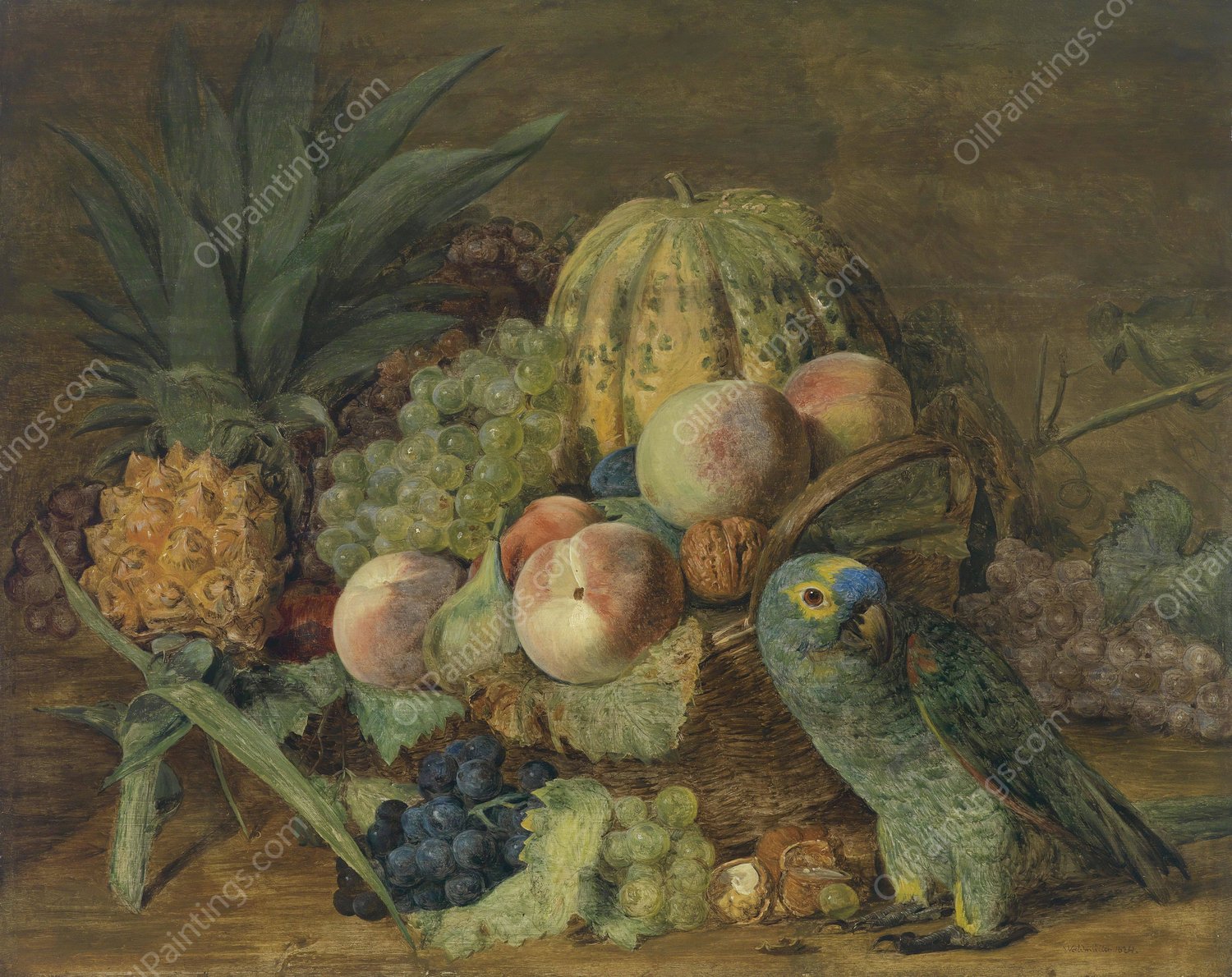 Fruchtestillleben mit Papagei  by Ferdinand Georg Waldmuller - Hand-Painted Oil Painting Reproduction