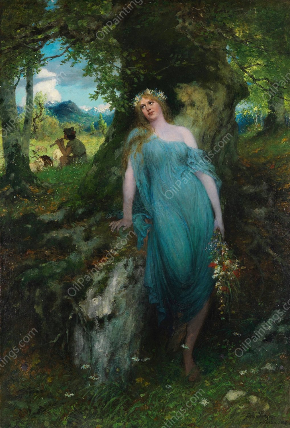 Wood Nymph and Shepherd  by Ferdinand Leeke - Hand-Painted Oil Painting Reproduction