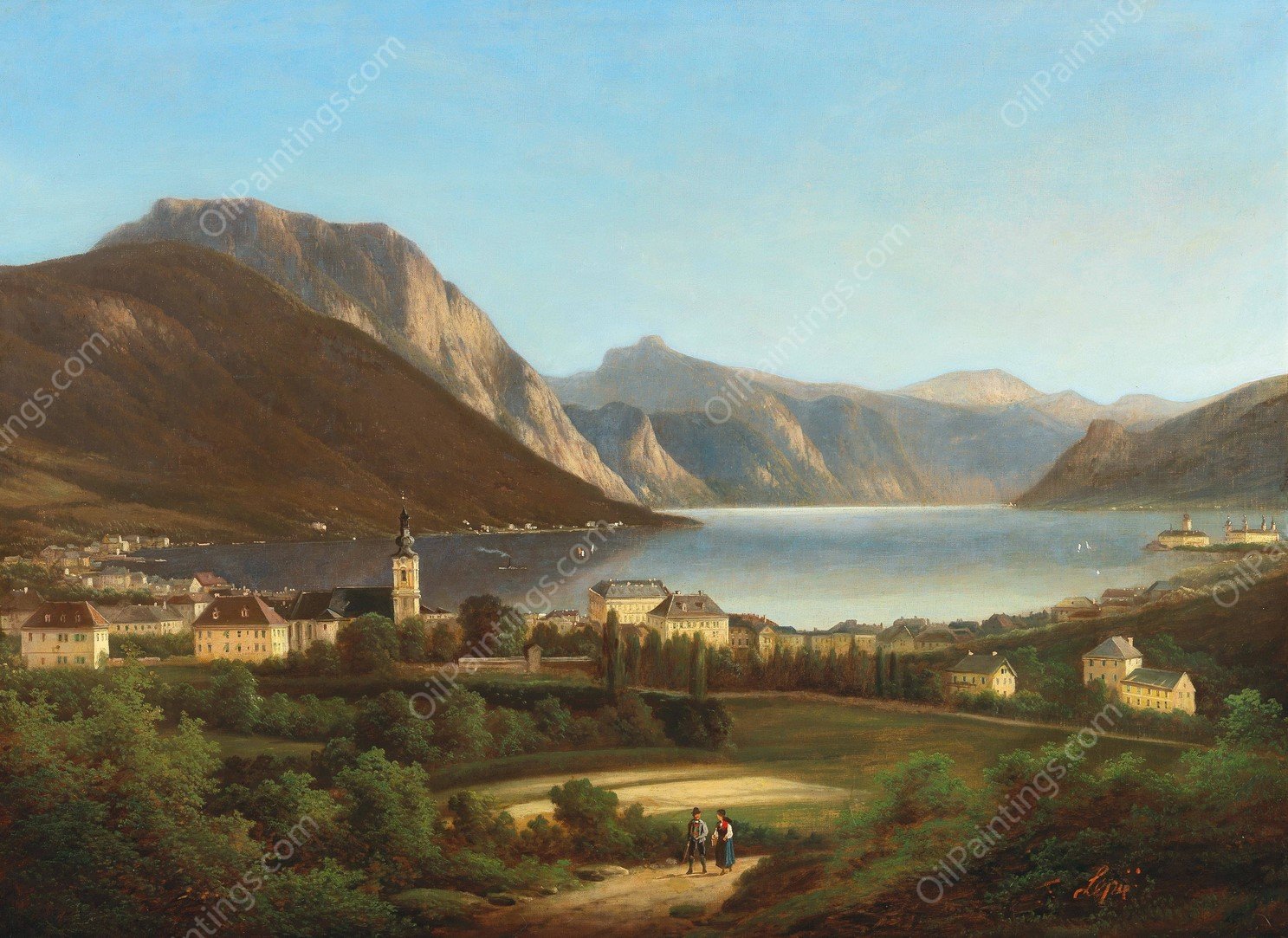View of Gmunden and Schloss Ort by Ferdinand Lepie - Hand-Painted Oil Painting Reproduction
