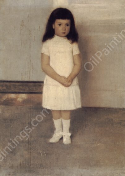 A Portrait of a Standing Girl in White by Fernand Khnopff - Hand-Painted Oil Painting Reproduction