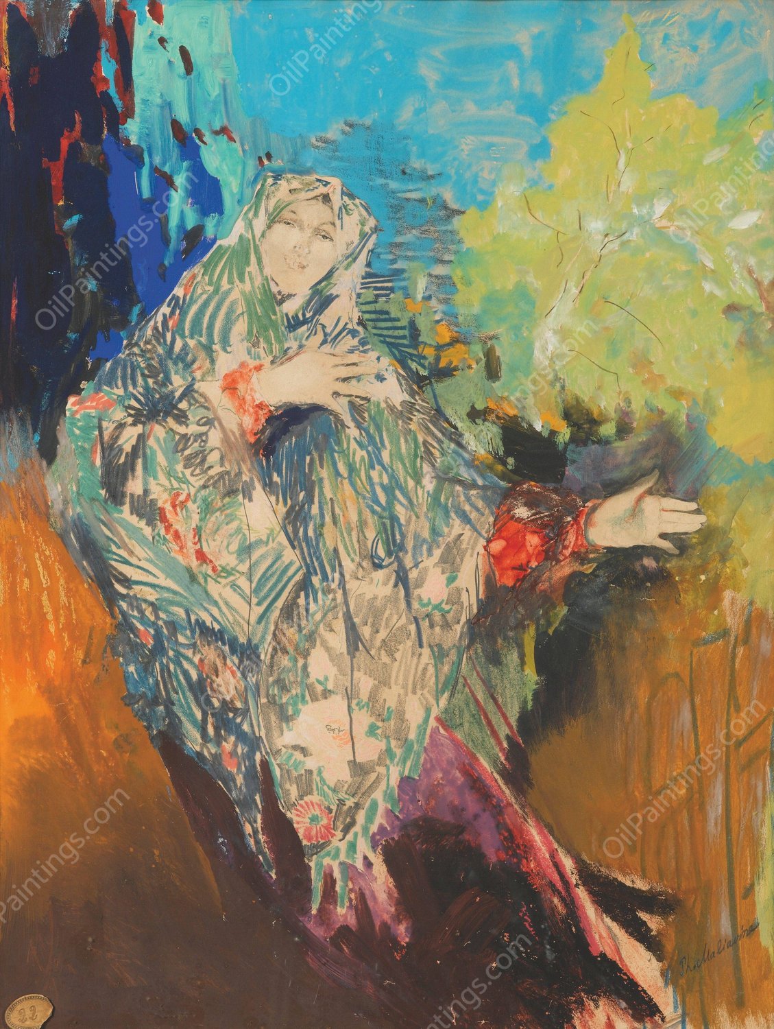 Dancing Peasant Woman In A Colourful Shawl by Filipp Malyavin - Hand-Painted Oil Painting Reproduction