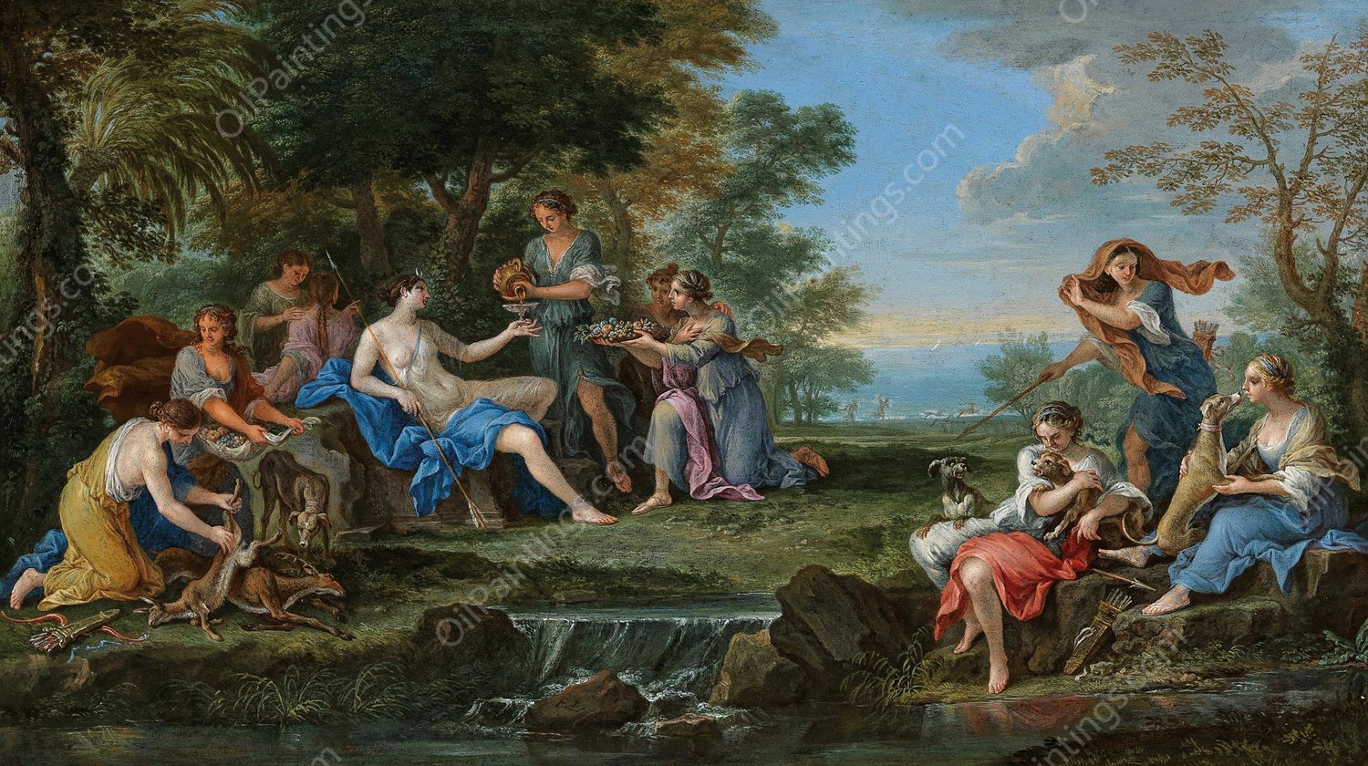 Landscape with Diana and her nymphs resting after the hunt by Filippo Lauri - Hand-Painted Oil Painting Reproduction