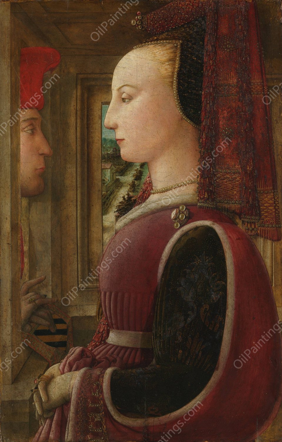 Portrait of a Woman with a Man at a Casement  by Filippo Lippi - Hand-Painted Oil Painting Reproduction