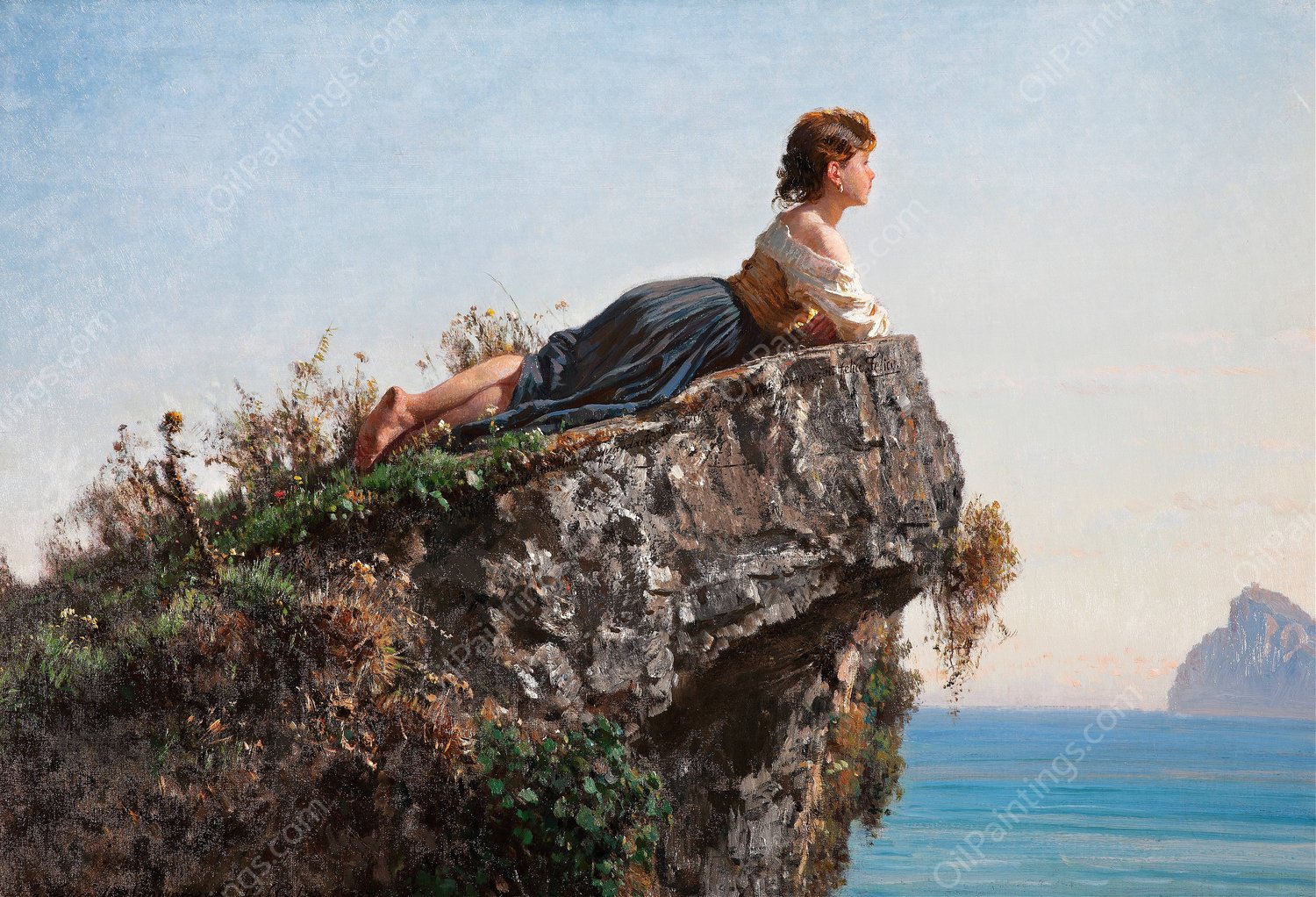 La Fanciulla Sulla Roccia A Sorrento  by Filippo Palizzi - Hand-Painted Oil Painting Reproduction