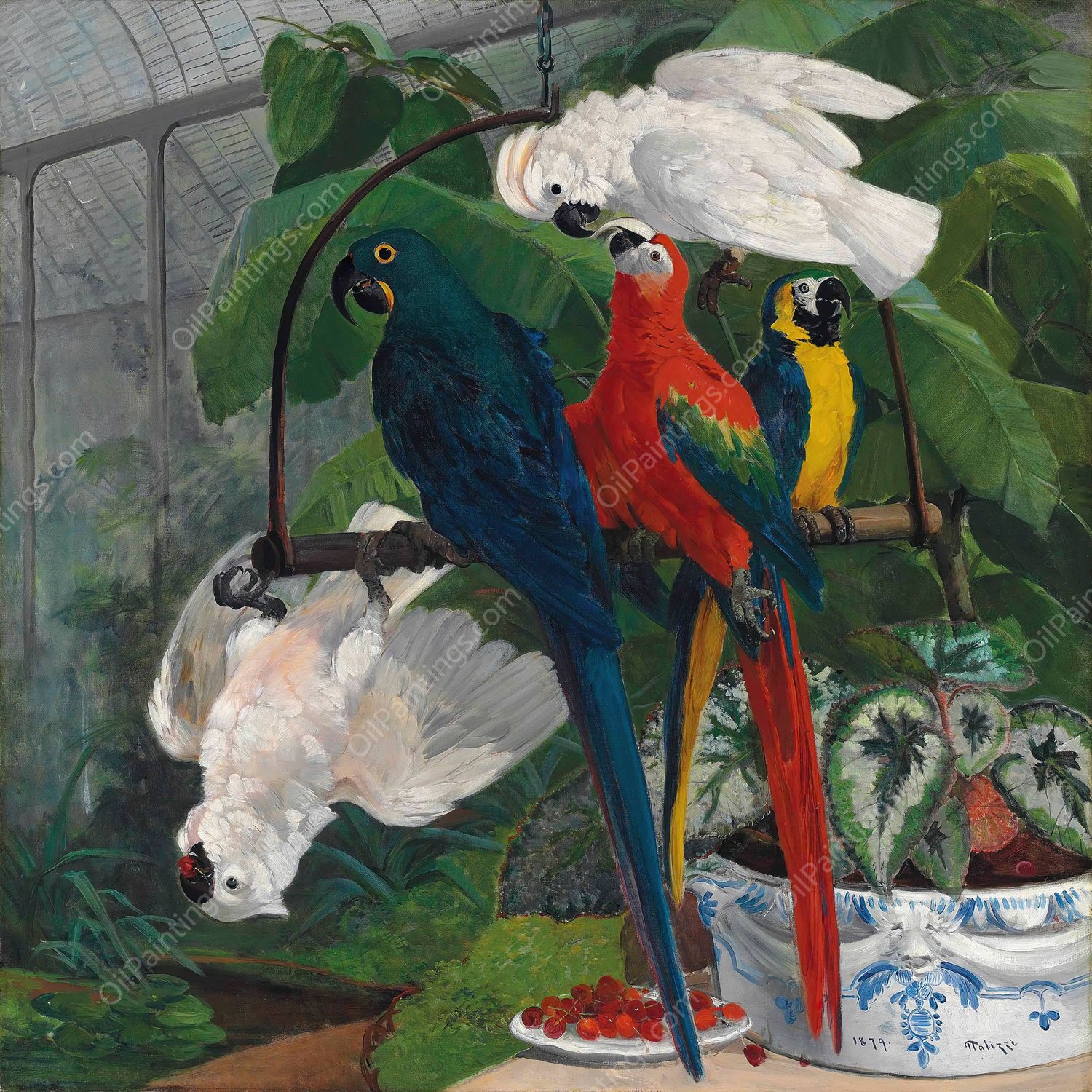 Parrots in a tropical glasshouse  by Filippo Palizzi - Hand-Painted Oil Painting Reproduction