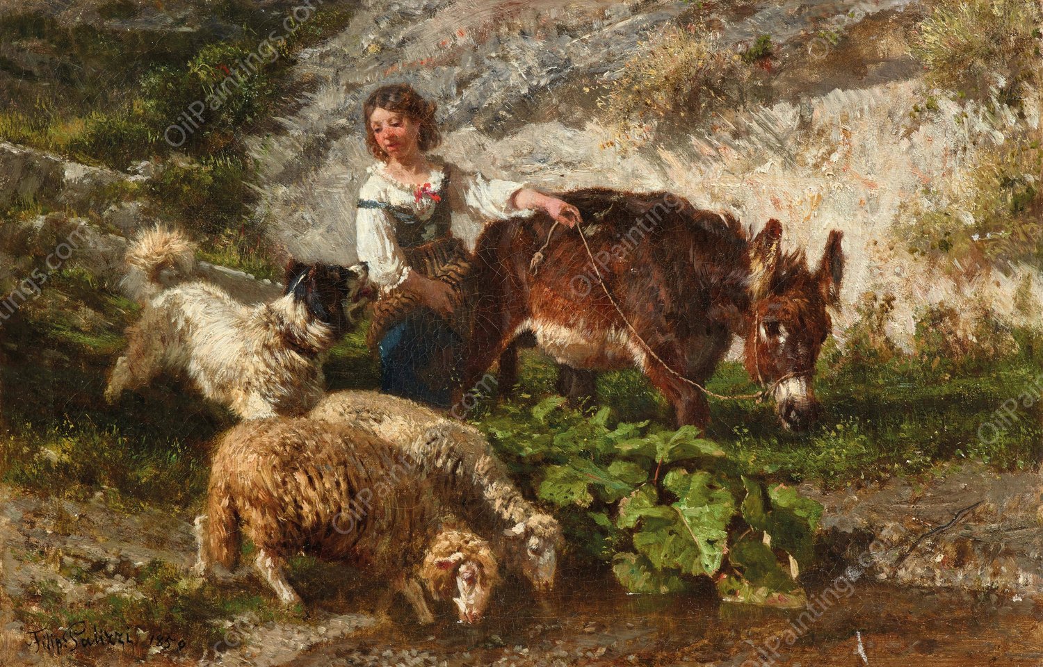 The Young Shepherdess  by Filippo Palizzi - Hand-Painted Oil Painting Reproduction