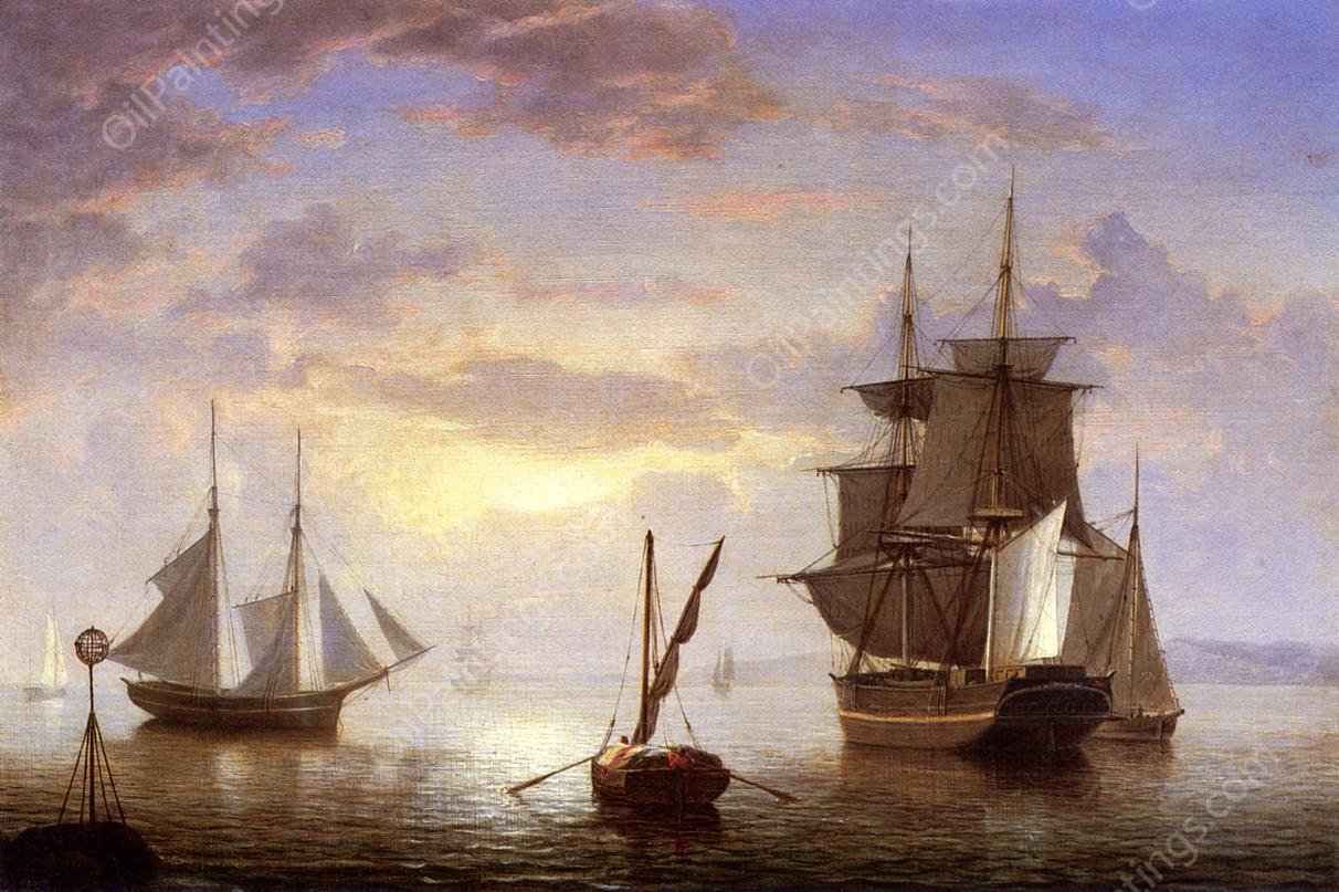 Ships in a Harbor, Sunrise  by Fitz Hugh Lane - Hand-Painted Oil Painting Reproduction