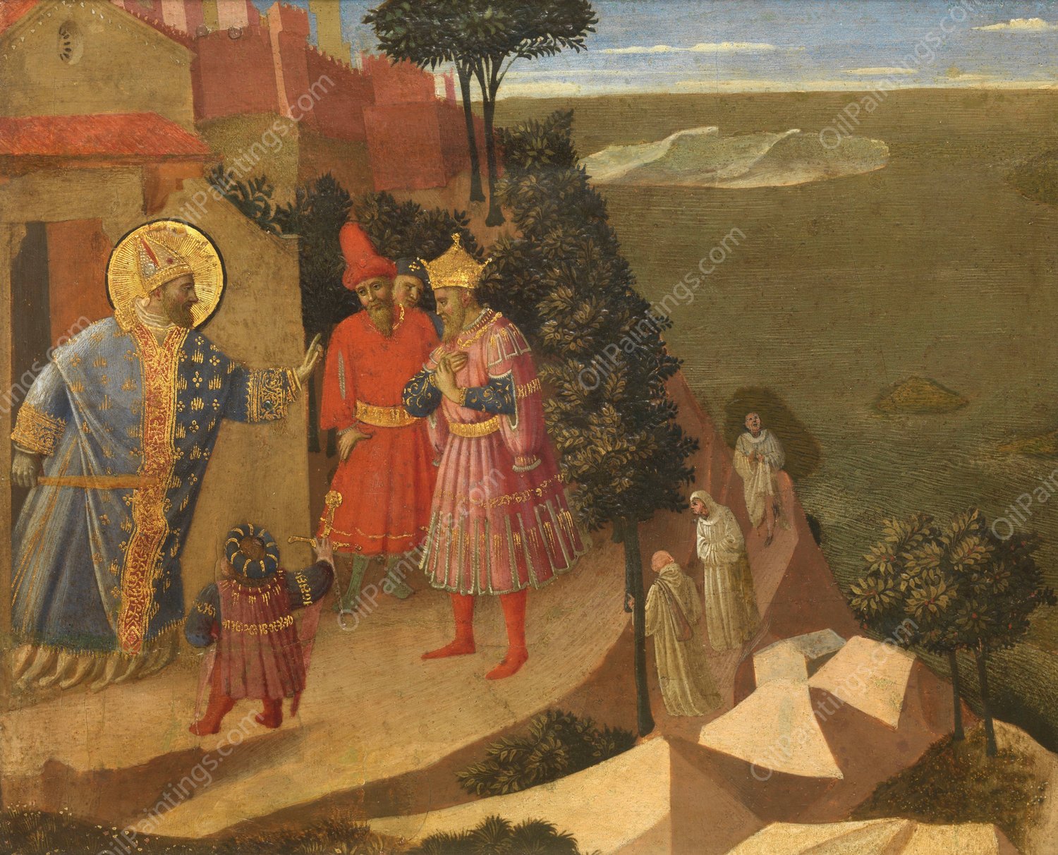 Saint Romuald Refuses Emperor Otto III Admission to the Church  by Fra Angelico - Hand-Painted Oil Painting Reproduction