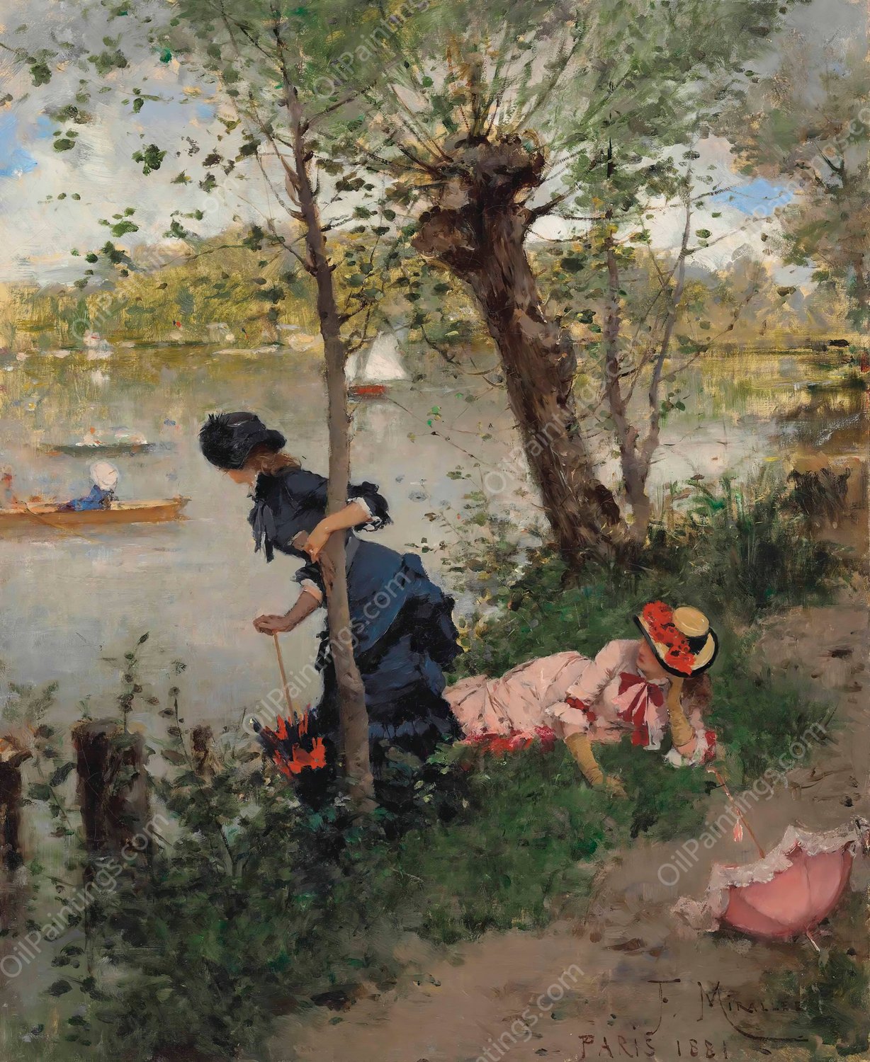 Elegant Ladies resting by a River  by Francesc Miralles I Galaup - Hand-Painted Oil Painting Reproduction