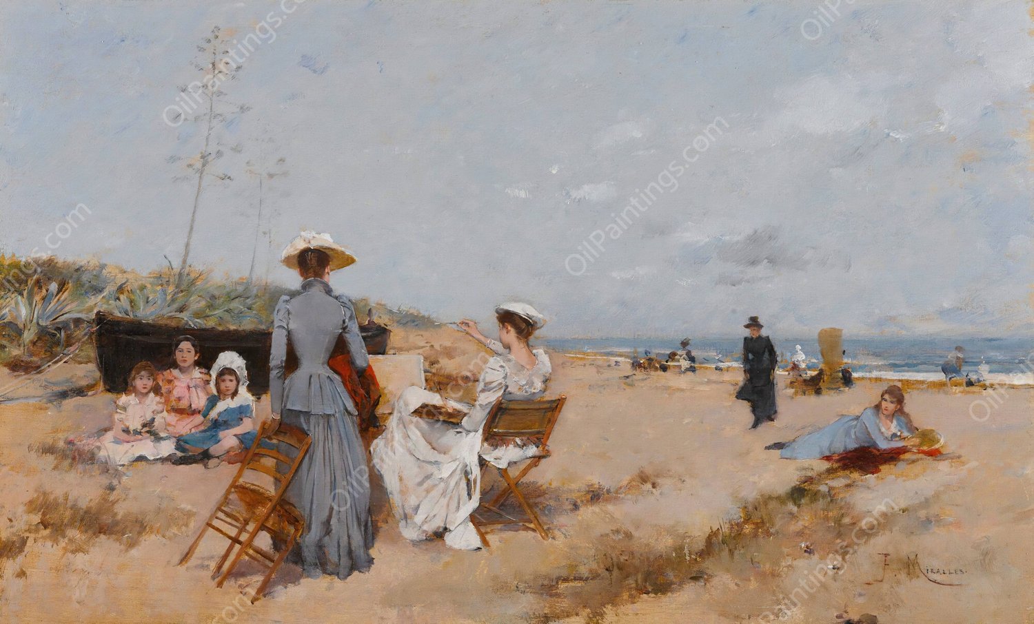 Painting on the beach by Francesc Miralles I Galaup - Hand-Painted Oil Painting Reproduction