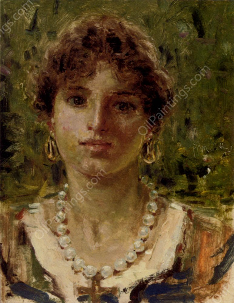 Portrait Of A Girl Wearing A Pearl Necklace by Francesco Paolo Michetti - Hand-Painted Oil Painting Reproduction