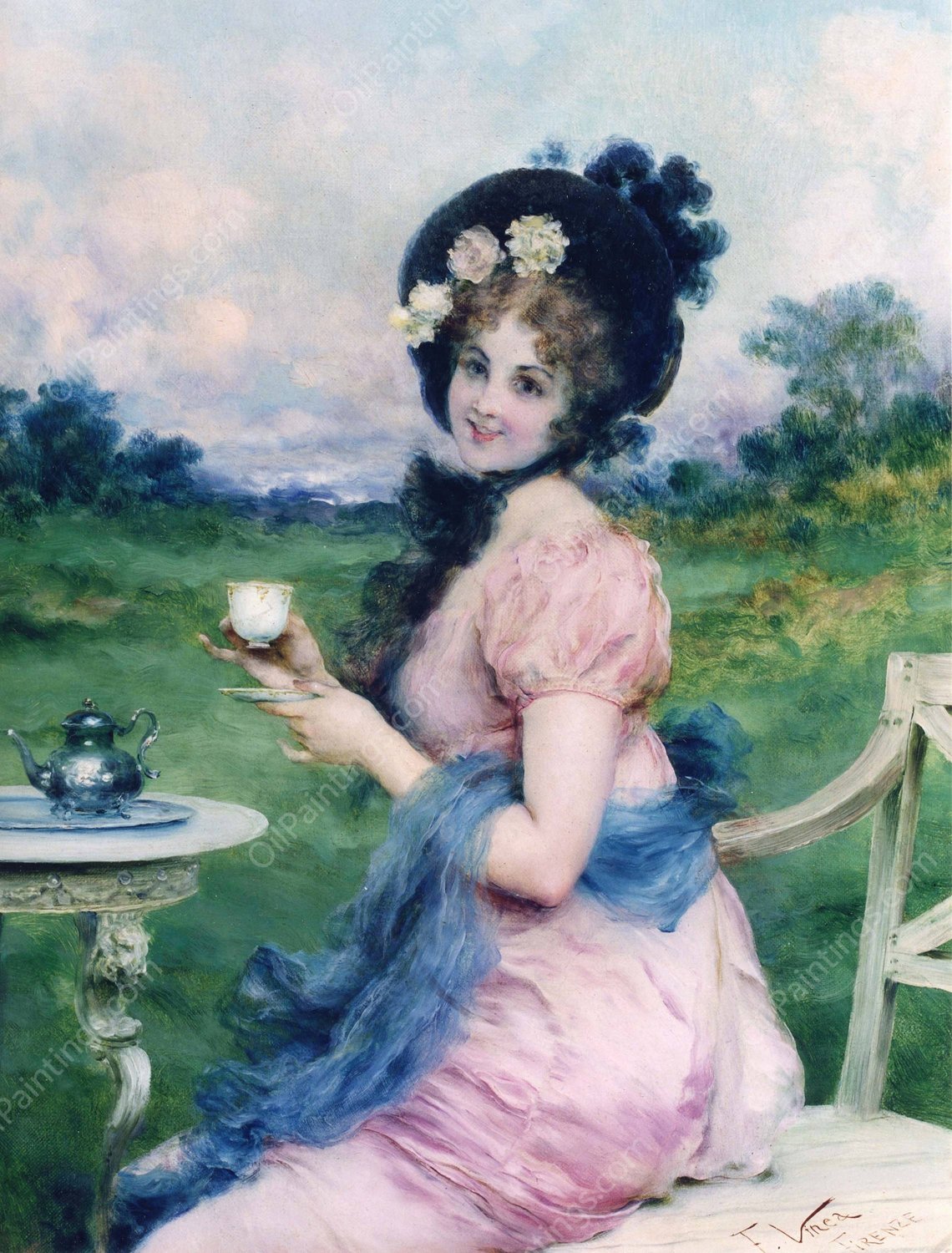 Afternoon Tea by Francesco Vinea - Hand-Painted Oil Painting Reproduction
