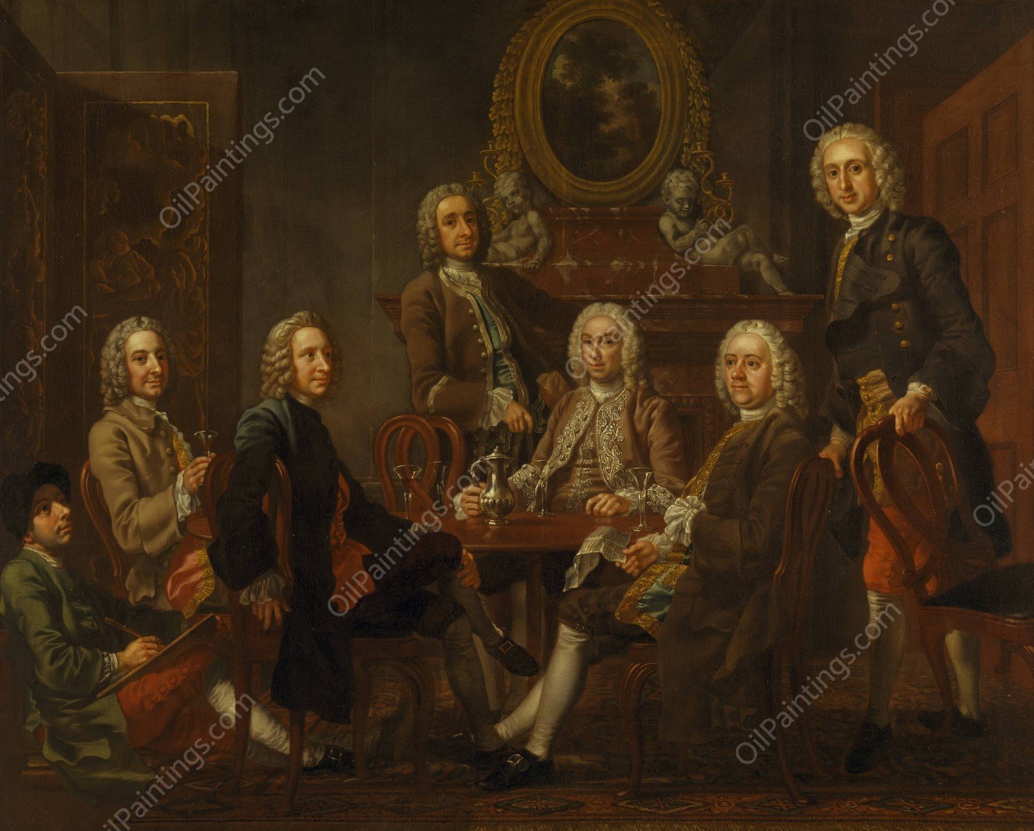 Portrait of a Group of Gentleman, with the Artist  by Francis Hayman - Hand-Painted Oil Painting Reproduction