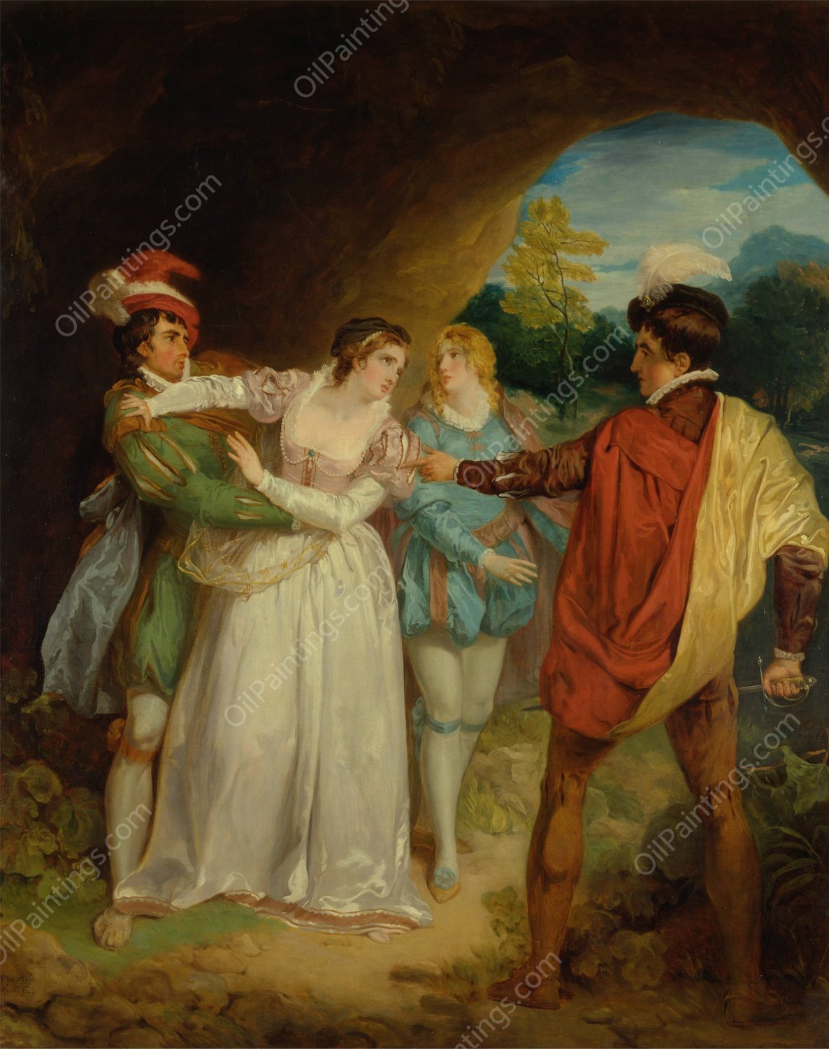 Valentine rescuing Silvia from Proteus, from Shakespeare's 'The Two Gentlemen of Verona,'Act V, Scene 4, the Outlaws'Cave  by Francis Wheatley - Hand-Painted Oil Painting Reproduction