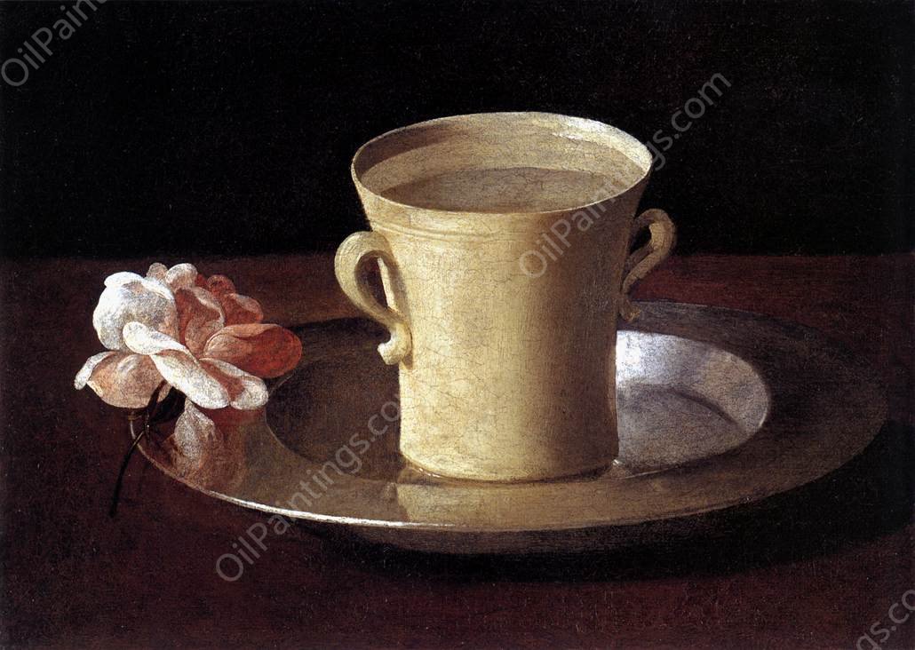 Cup of Water and a Rose on a Silver Plate by Francisco De Zurbaran - Hand-Painted Oil Painting Reproduction