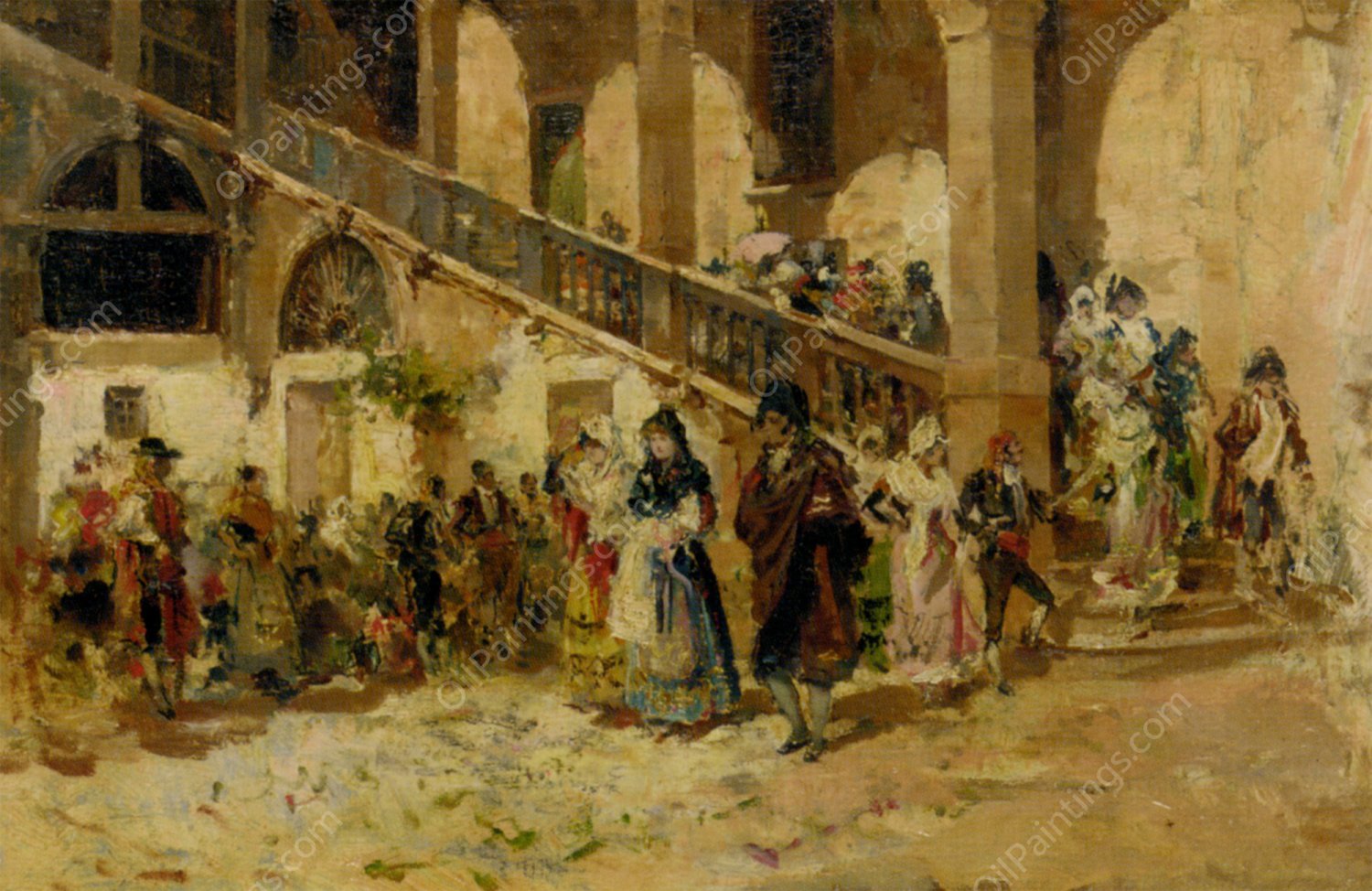 Elegant Figures Decending a Staircase by Francisco Domingo Marques - Hand-Painted Oil Painting Reproduction