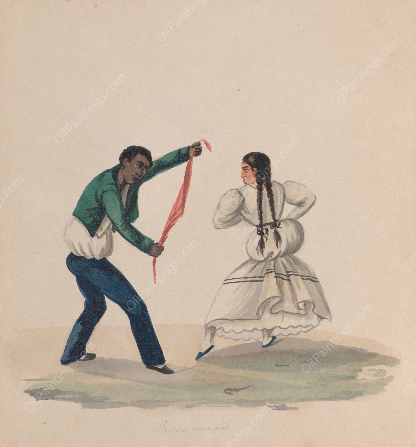 A man and woman dancing the Zamacueca  by Francisco Fierro - Hand-Painted Oil Painting Reproduction