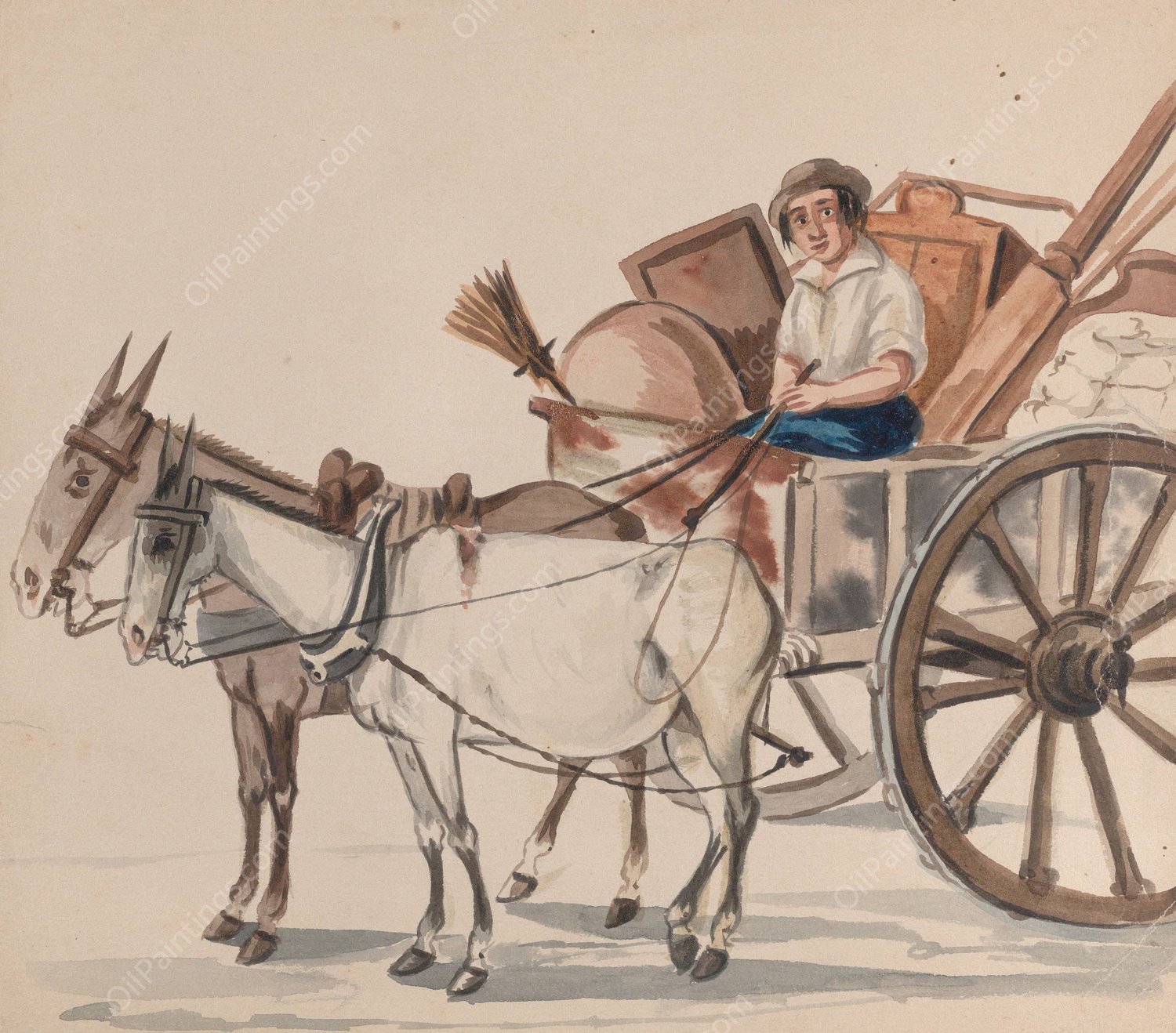 A man driving a cart pulled by mules  by Francisco Fierro - Hand-Painted Oil Painting Reproduction