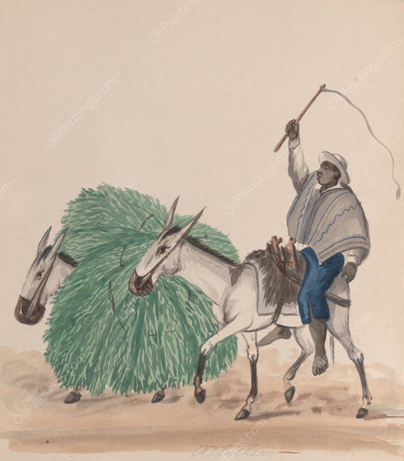 A man riding a mule, his whip raised, another mule loaded with grass alongside  by Francisco Fierro - Hand-Painted Oil Painting Reproduction