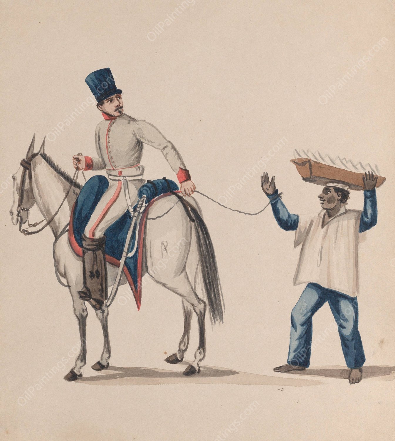 A soldier on horseback holding a rope that secures an enslaved indigenous man who is balancing a basket on his head  by Francisco Fierro - Hand-Painted Oil Painting Reproduction