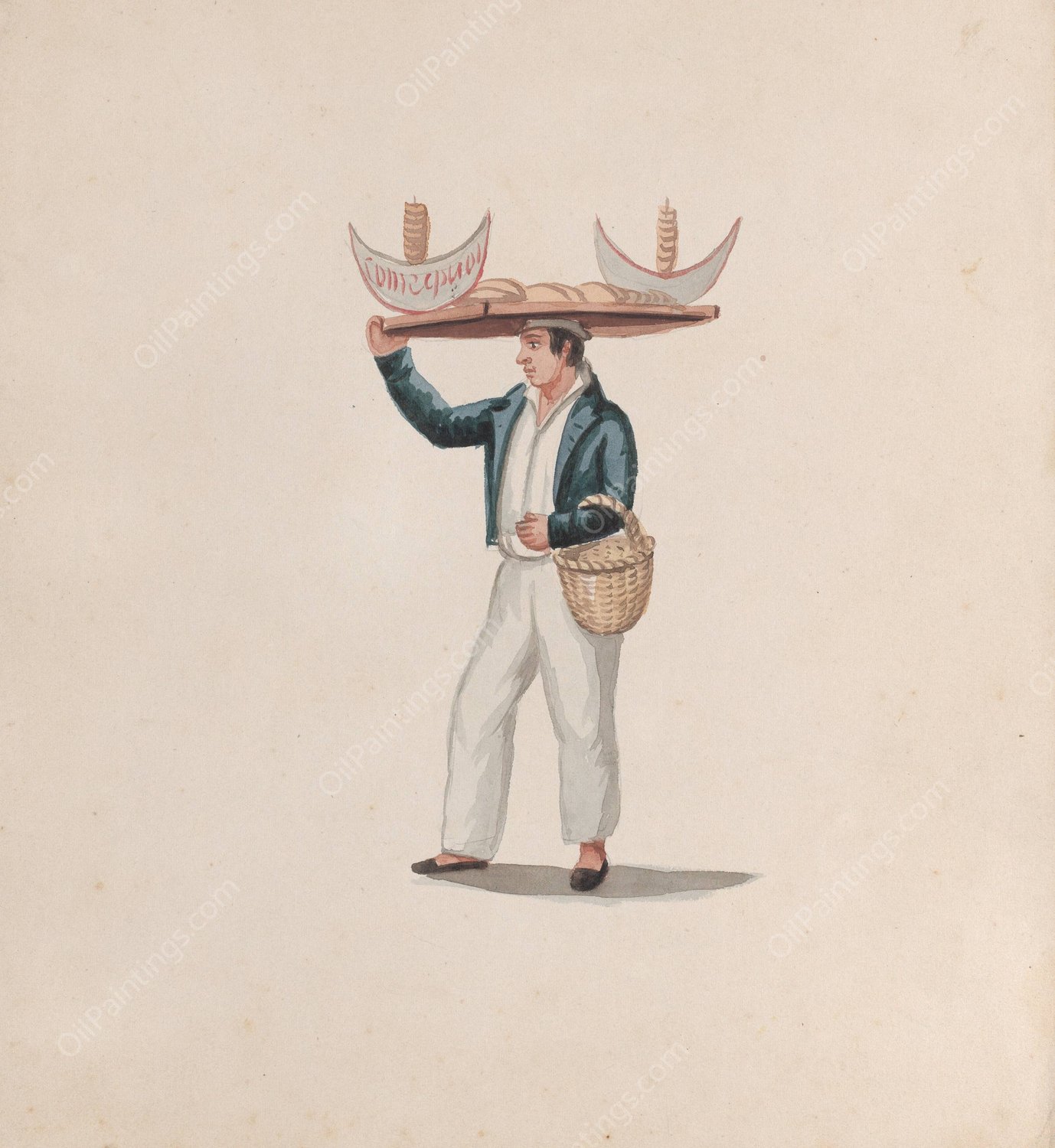 A tortilla vendor balancing a tray on his head  by Francisco Fierro - Hand-Painted Oil Painting Reproduction