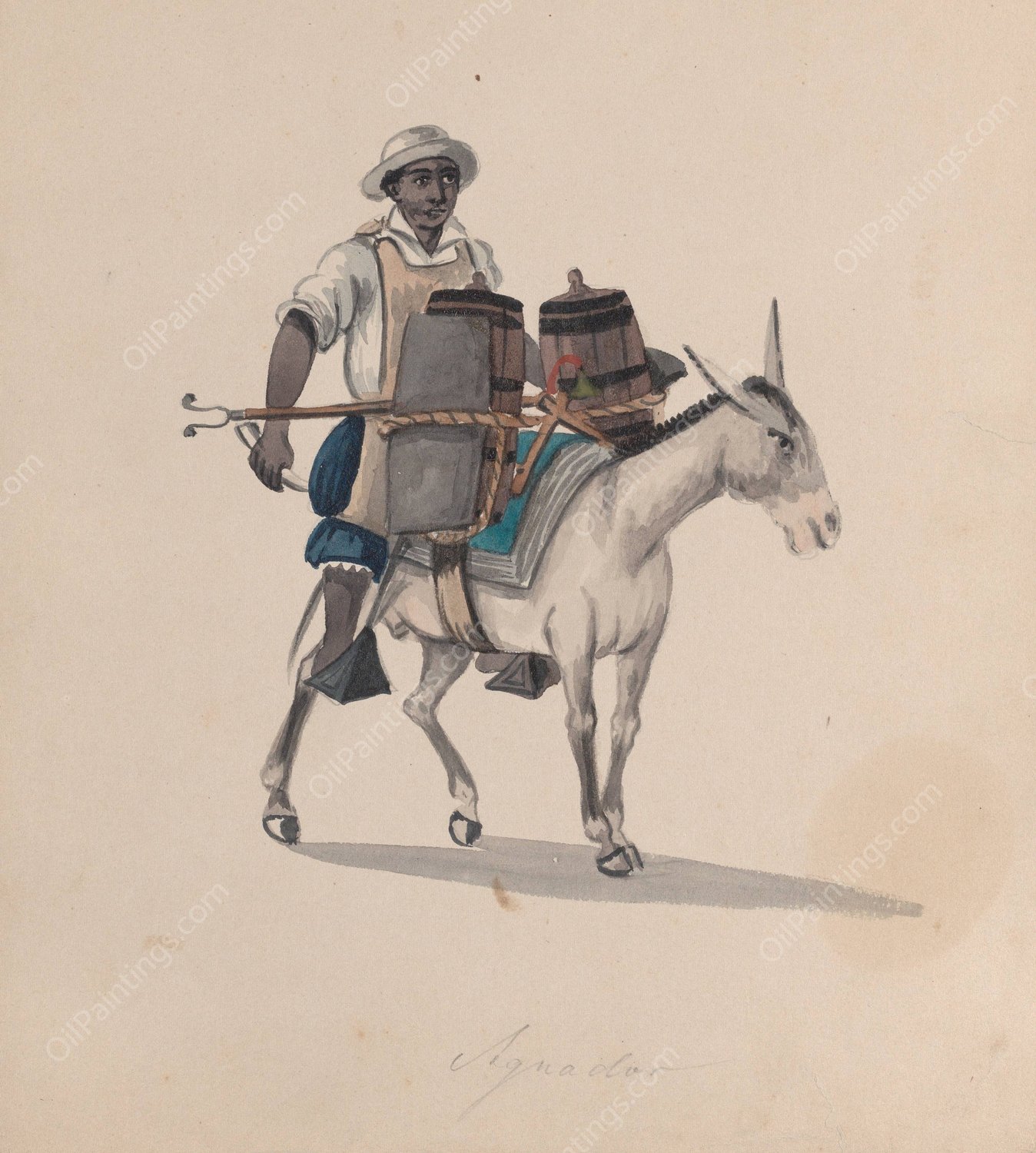 A watercarrier riding a donkey  by Francisco Fierro - Hand-Painted Oil Painting Reproduction
