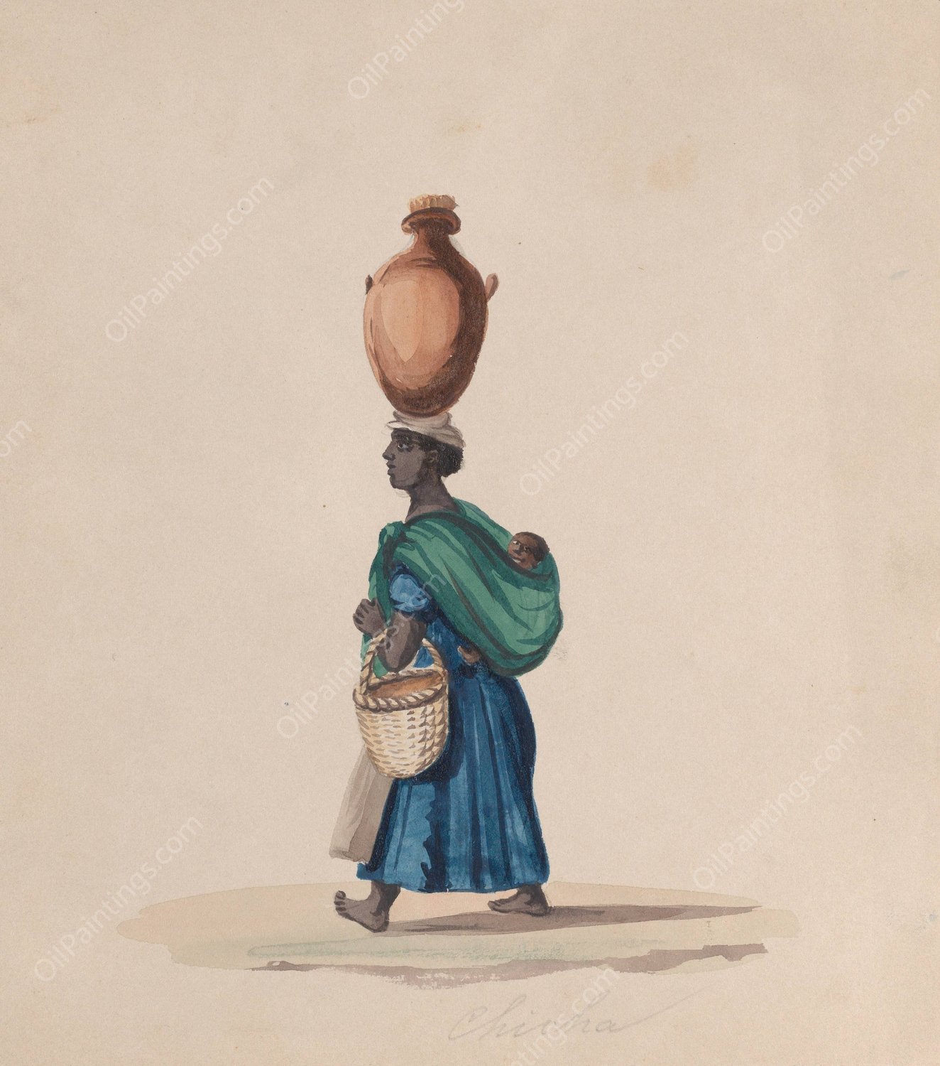 A woman carrying a vessel on her head and a child on her back  by Francisco Fierro - Hand-Painted Oil Painting Reproduction