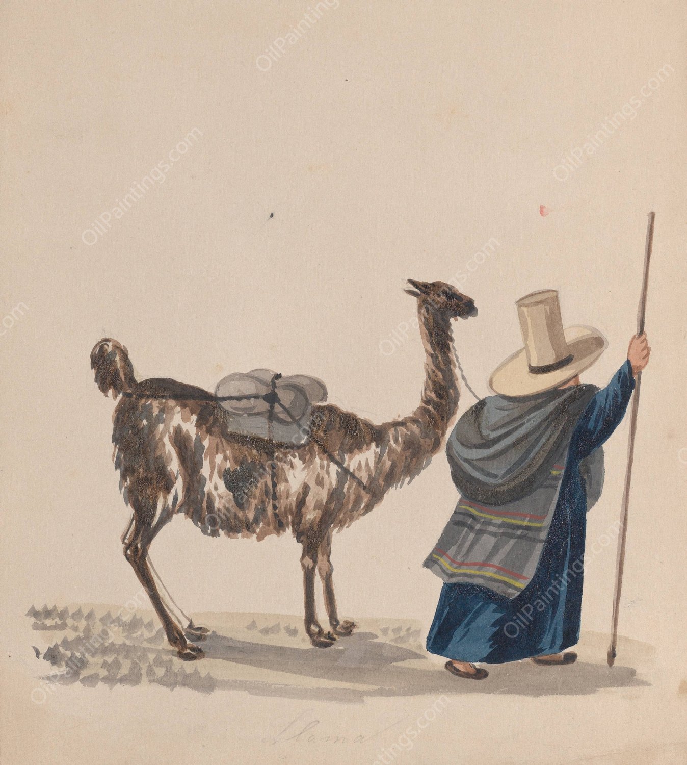 A woman walking with a Llama  by Francisco Fierro - Hand-Painted Oil Painting Reproduction