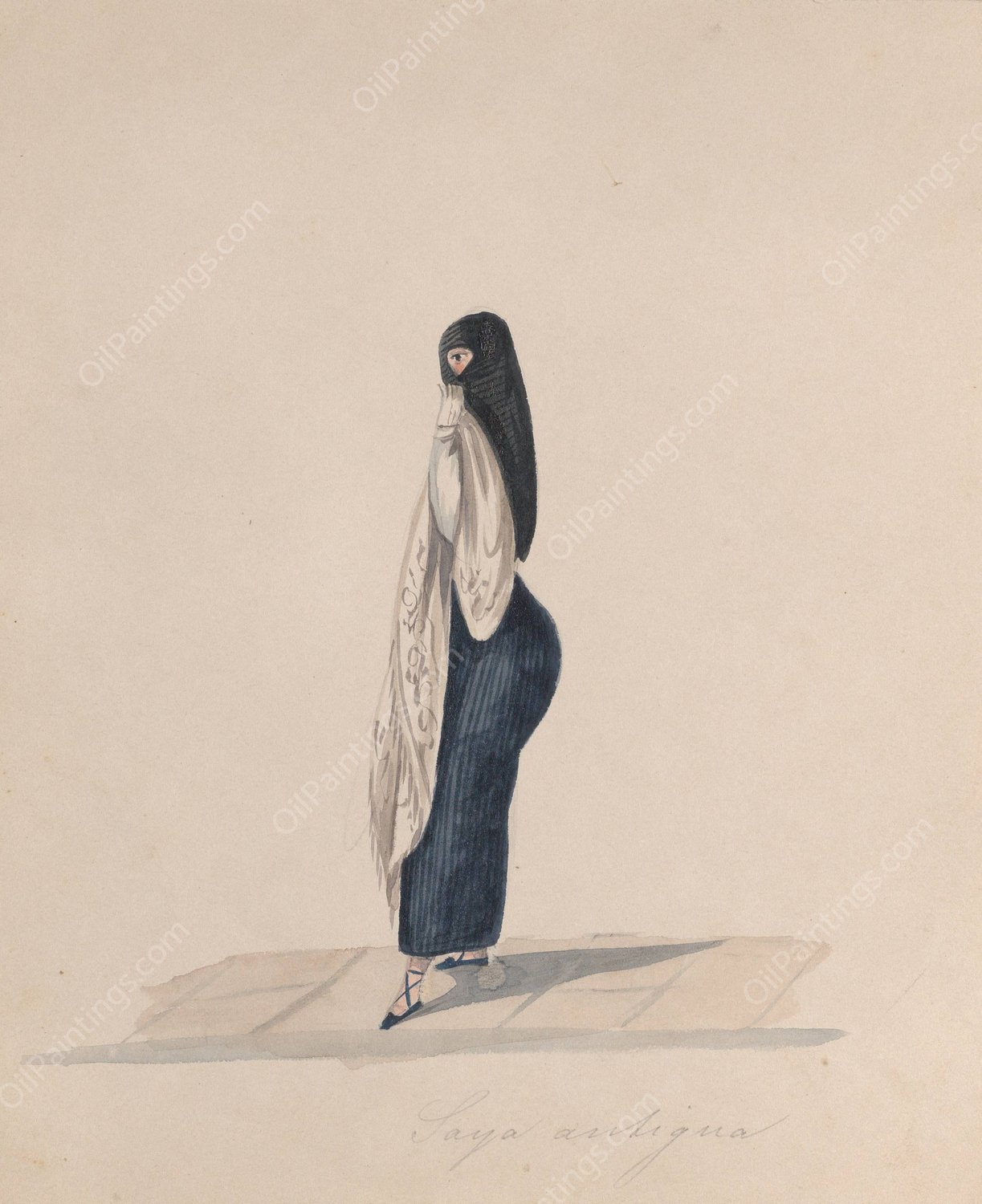 A woman wearing the saya standing in profile  by Francisco Fierro - Hand-Painted Oil Painting Reproduction