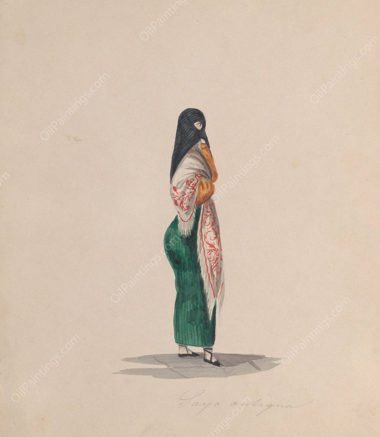 A woman wearing the saya standing in profile  by Francisco Fierro - Hand-Painted Oil Painting Reproduction