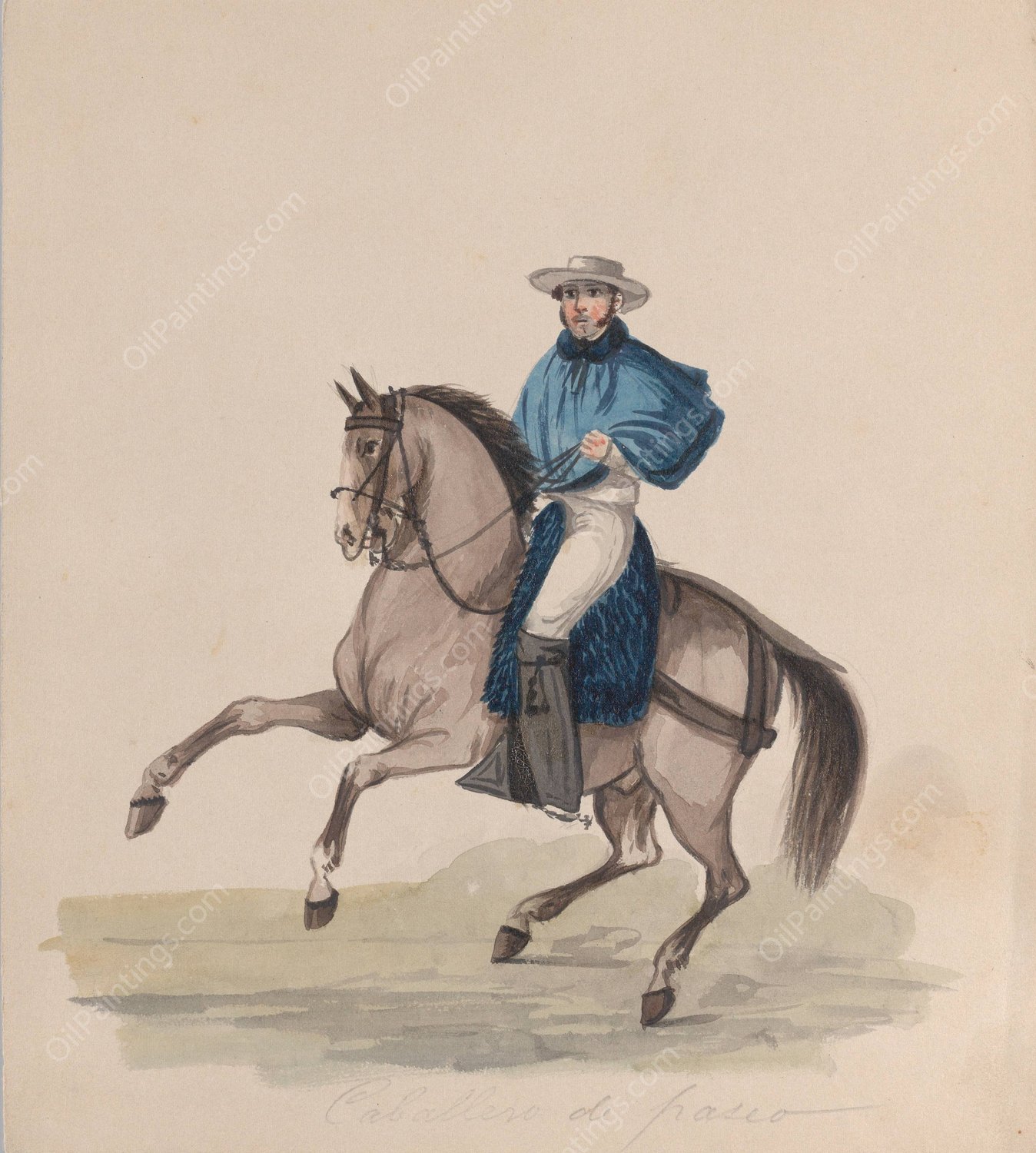 An elegantly dressed man on horseback  by Francisco Fierro - Hand-Painted Oil Painting Reproduction