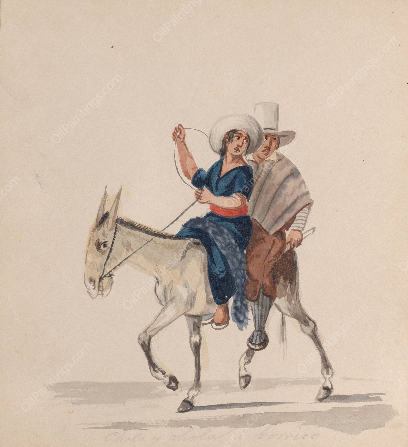 An indigenous man and woman together riding a donkey  by Francisco Fierro - Hand-Painted Oil Painting Reproduction