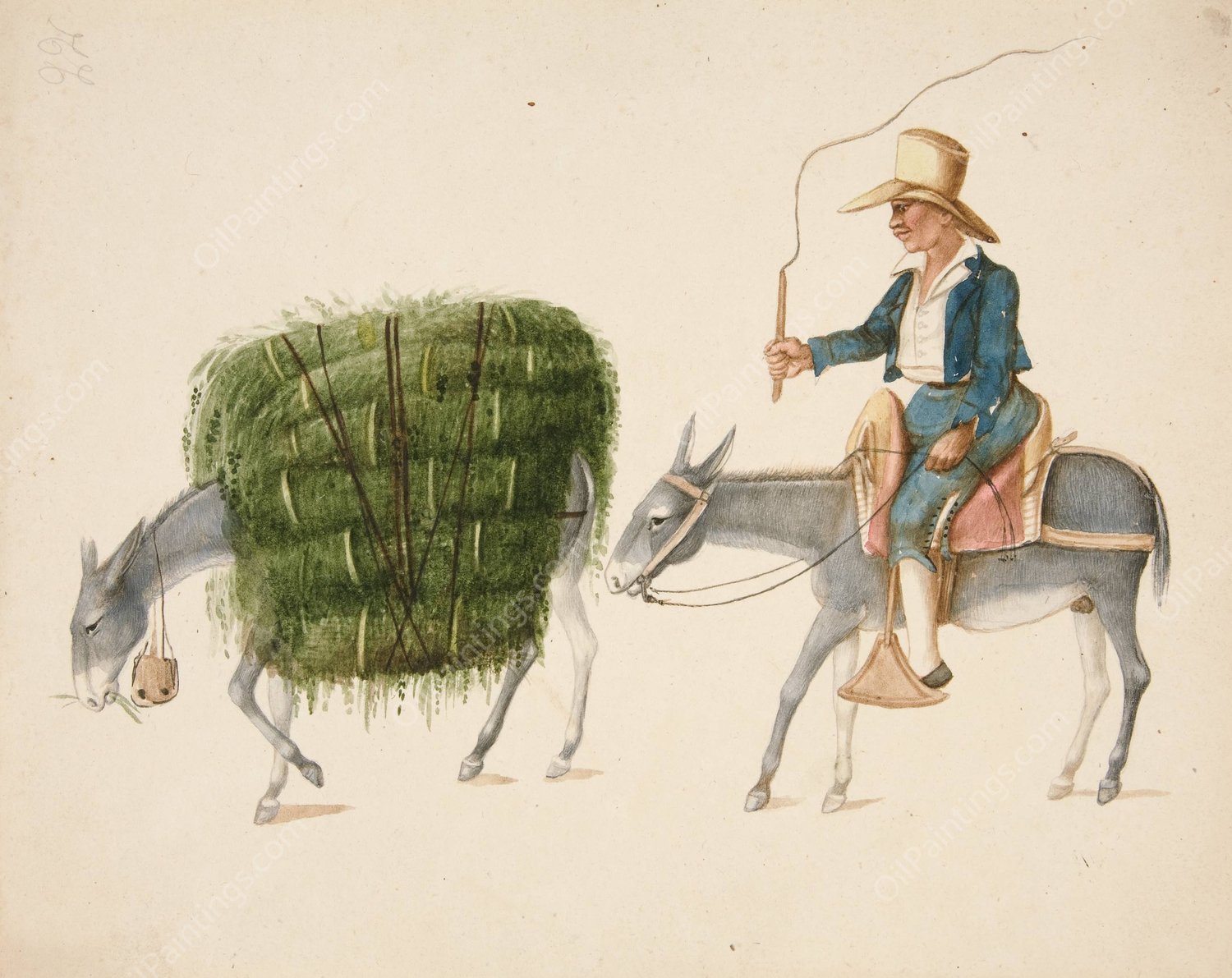 Boy on Mule driving another Mule loaded with Hay  by Francisco Fierro - Hand-Painted Oil Painting Reproduction