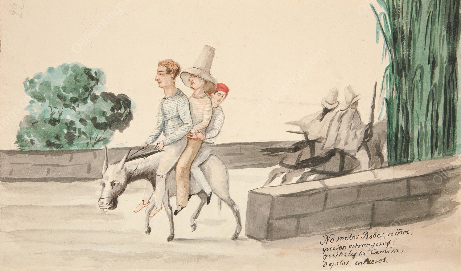 Country Highway and Indians on Horseback  by Francisco Fierro - Hand-Painted Oil Painting Reproduction