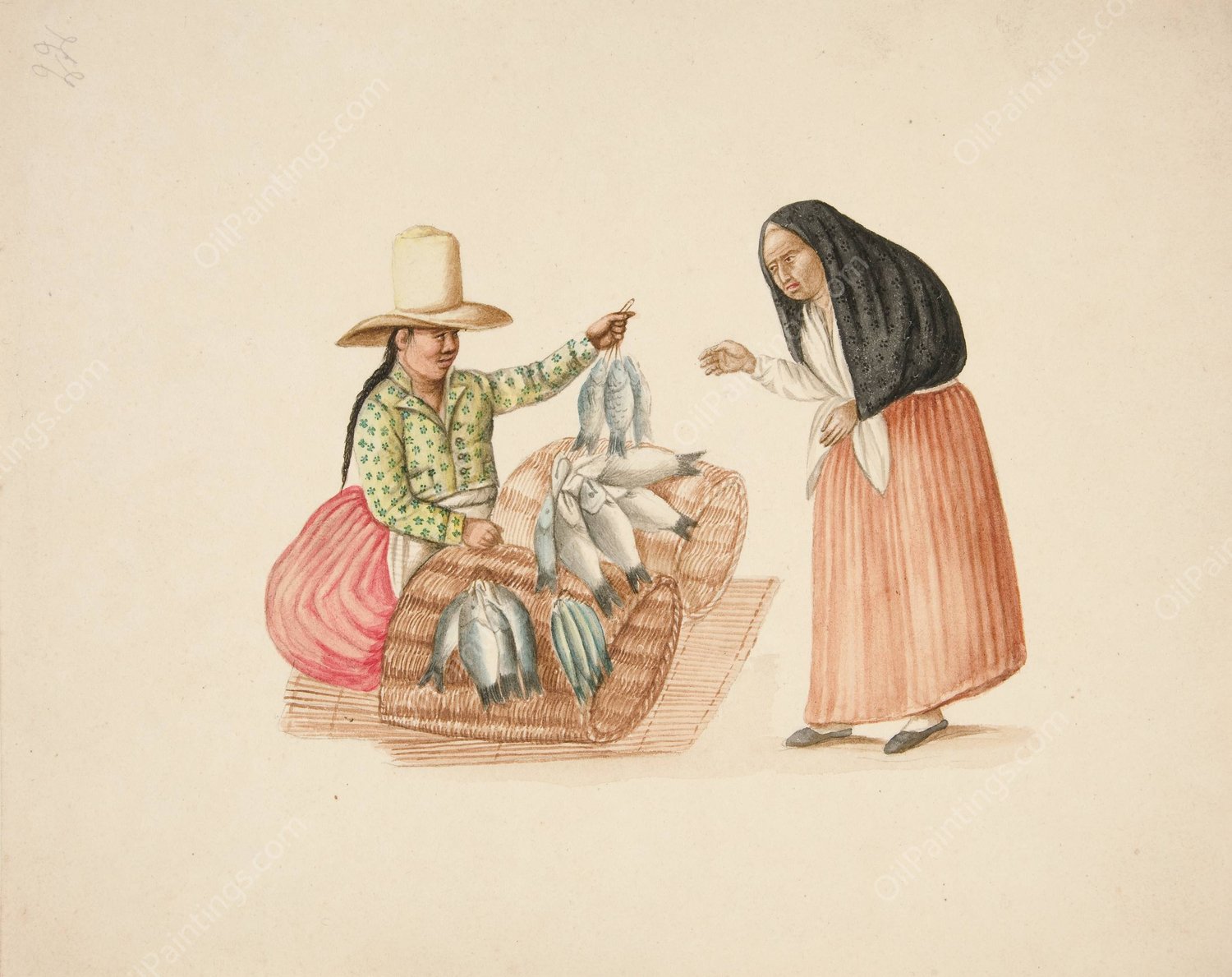 Fish Merchant and Indian Woman  by Francisco Fierro - Hand-Painted Oil Painting Reproduction