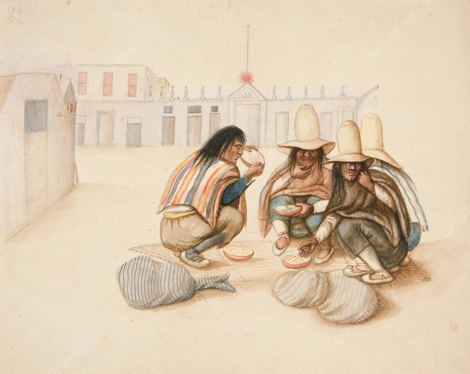 Four Indians Eating Watermelons  by Francisco Fierro - Hand-Painted Oil Painting Reproduction