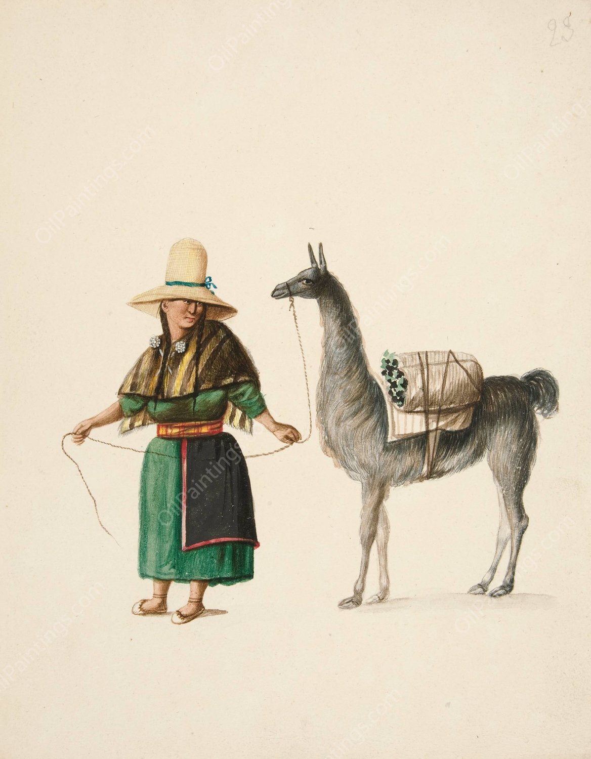 Indian Woman and Llama  by Francisco Fierro - Hand-Painted Oil Painting Reproduction