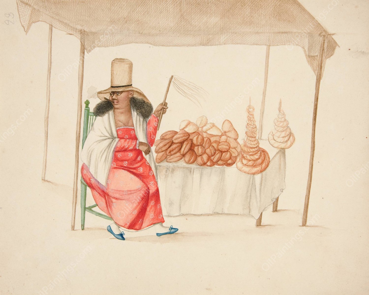Indian Woman Smoking Cigar in Front of Breadstand  by Francisco Fierro - Hand-Painted Oil Painting Reproduction